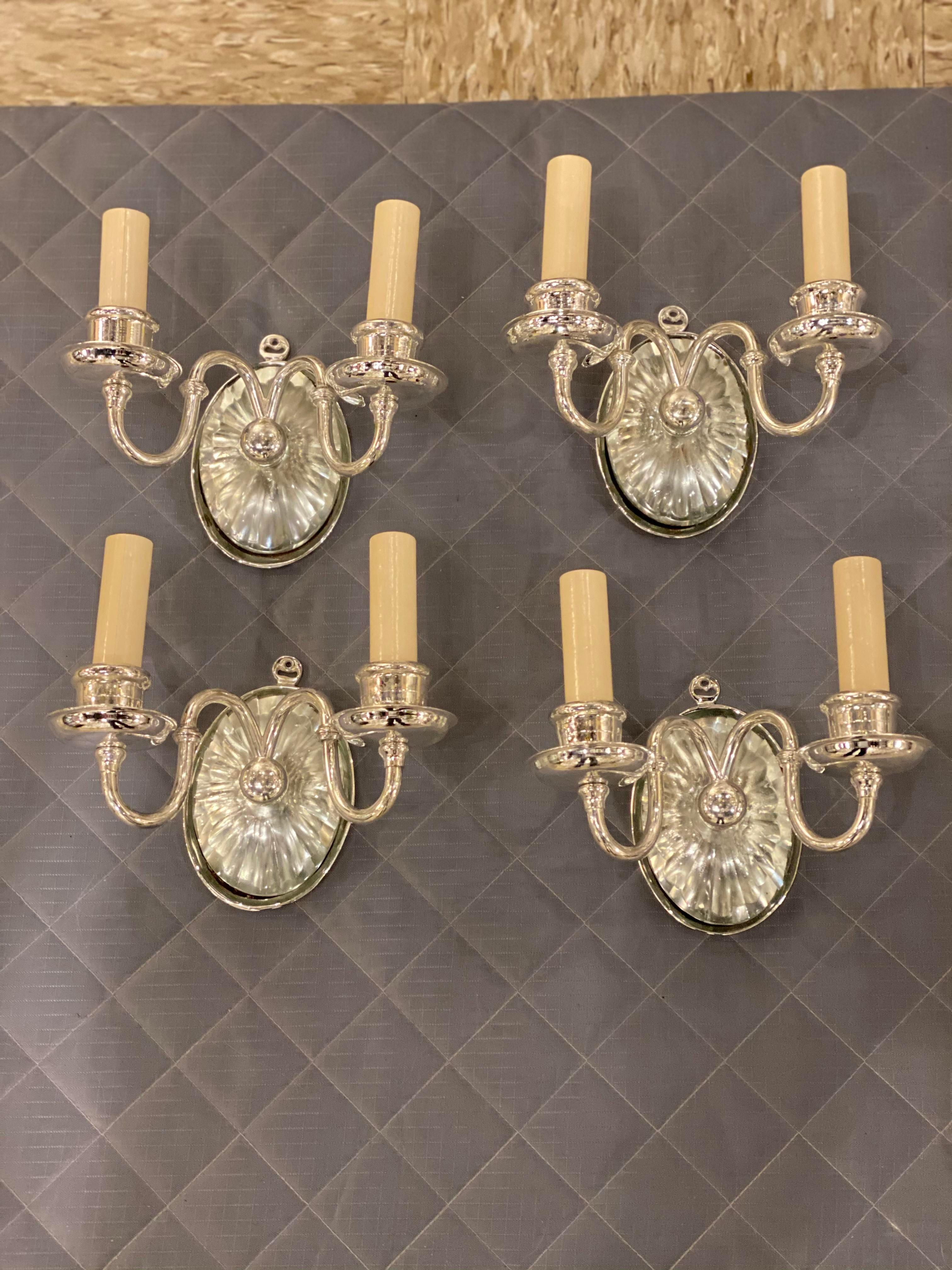 American Classical 1920's Silver Plated Caldwell Sconces with Cut Glass For Sale