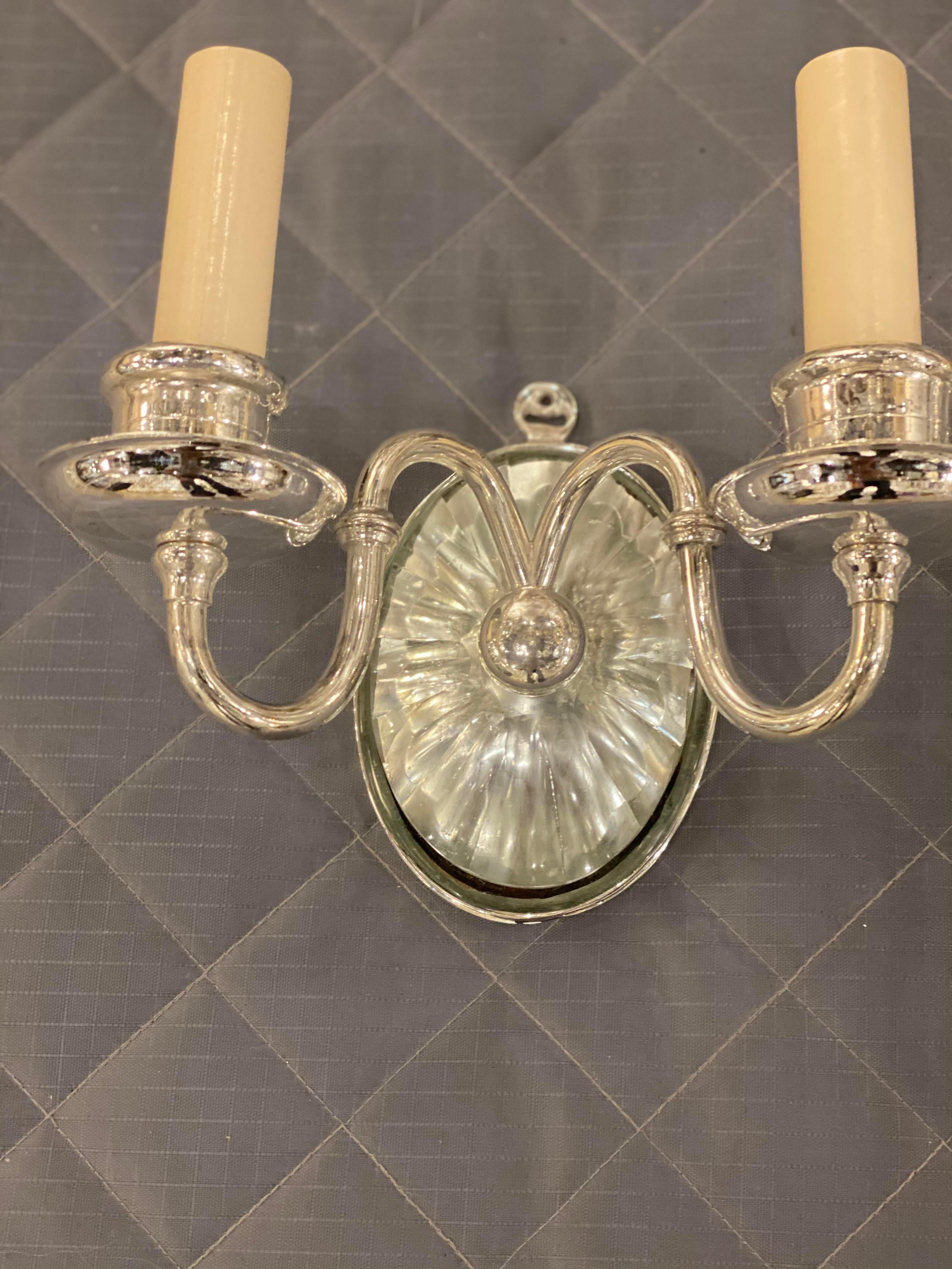 American 1920's Silver Plated Caldwell Sconces with Cut Glass For Sale