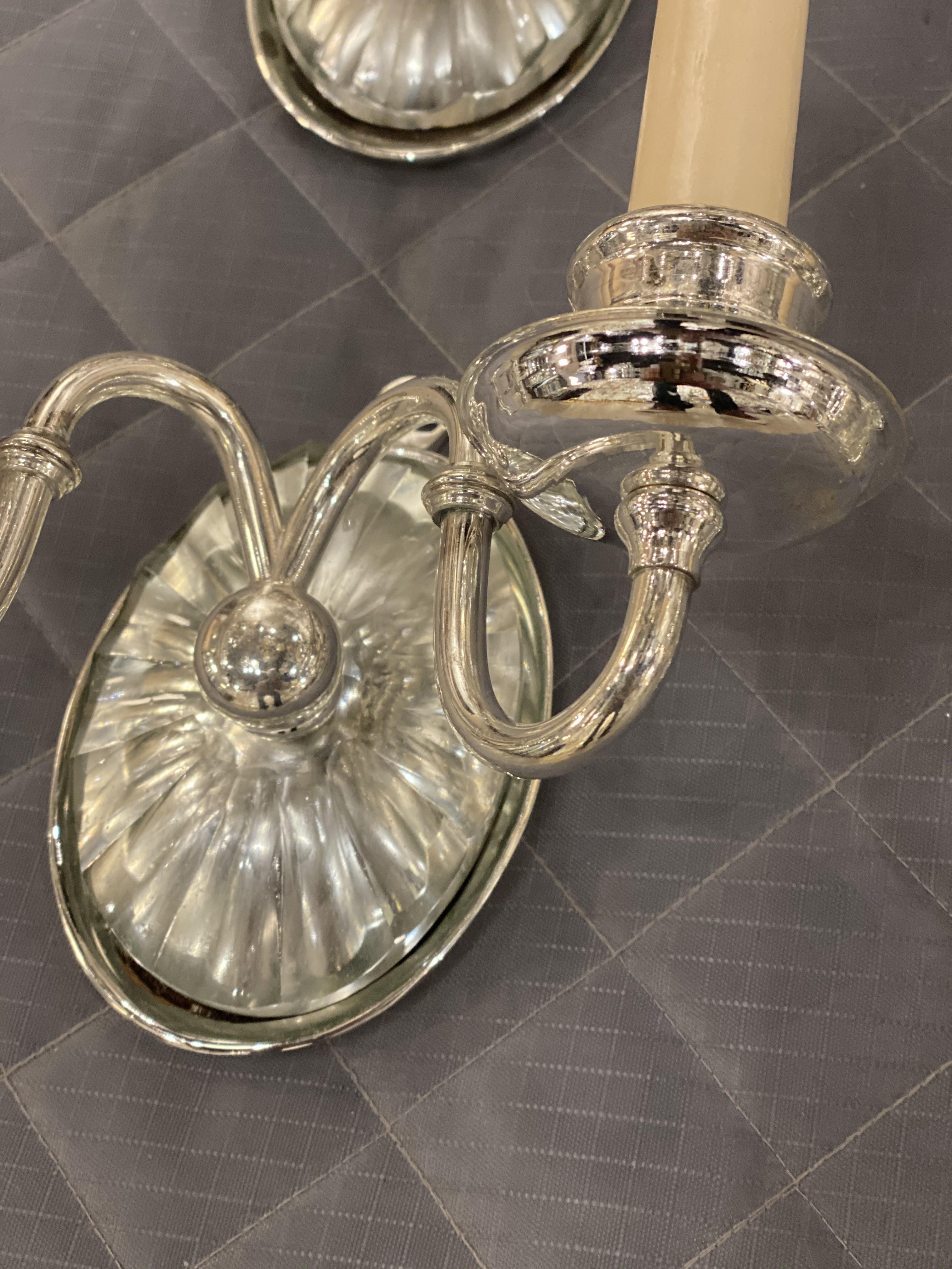 Bronze 1920's Silver Plated Caldwell Sconces with Cut Glass For Sale