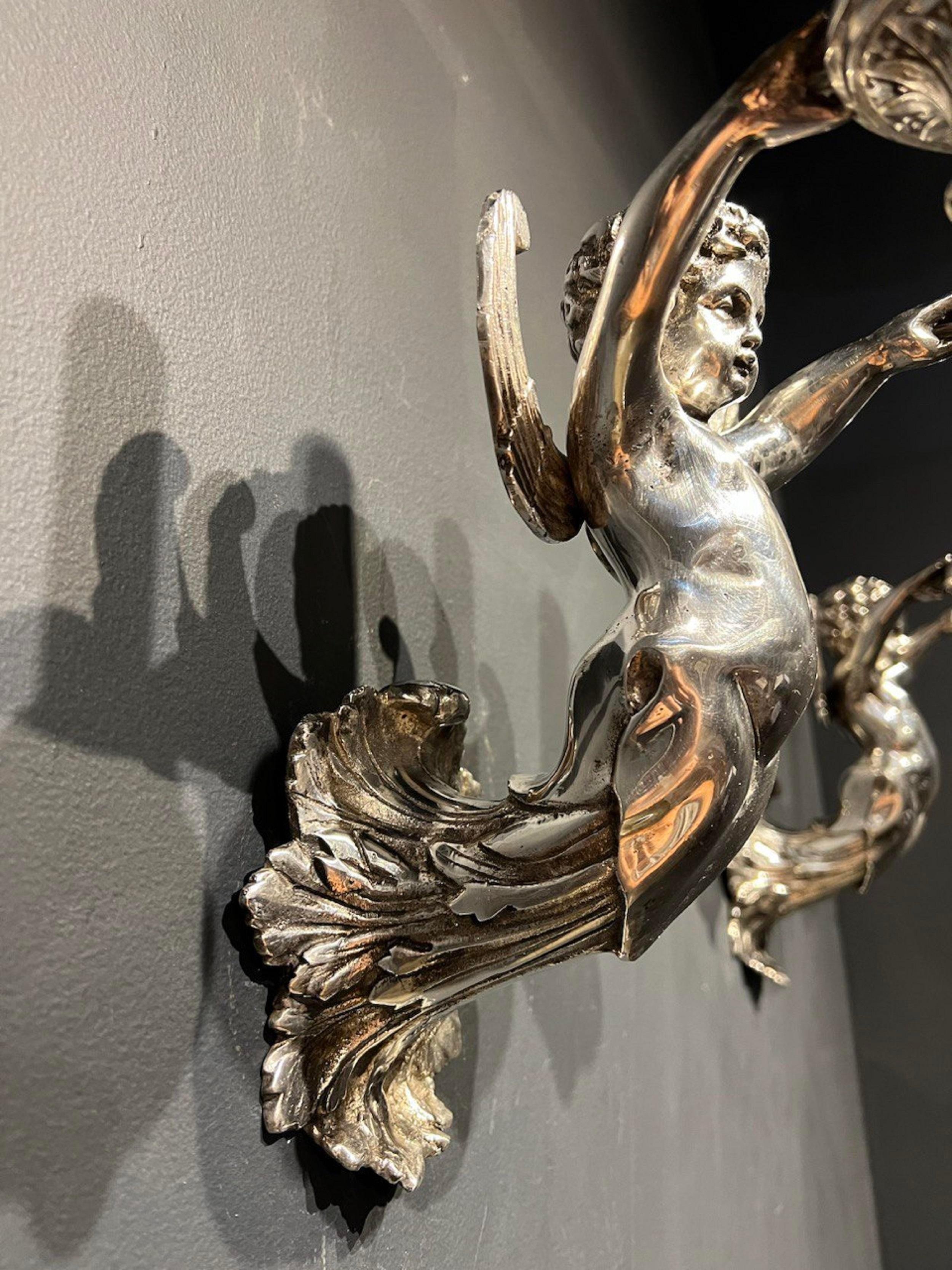 Neoclassical 1920's English Silver Plated Cherub Sconces with 2 Lights For Sale