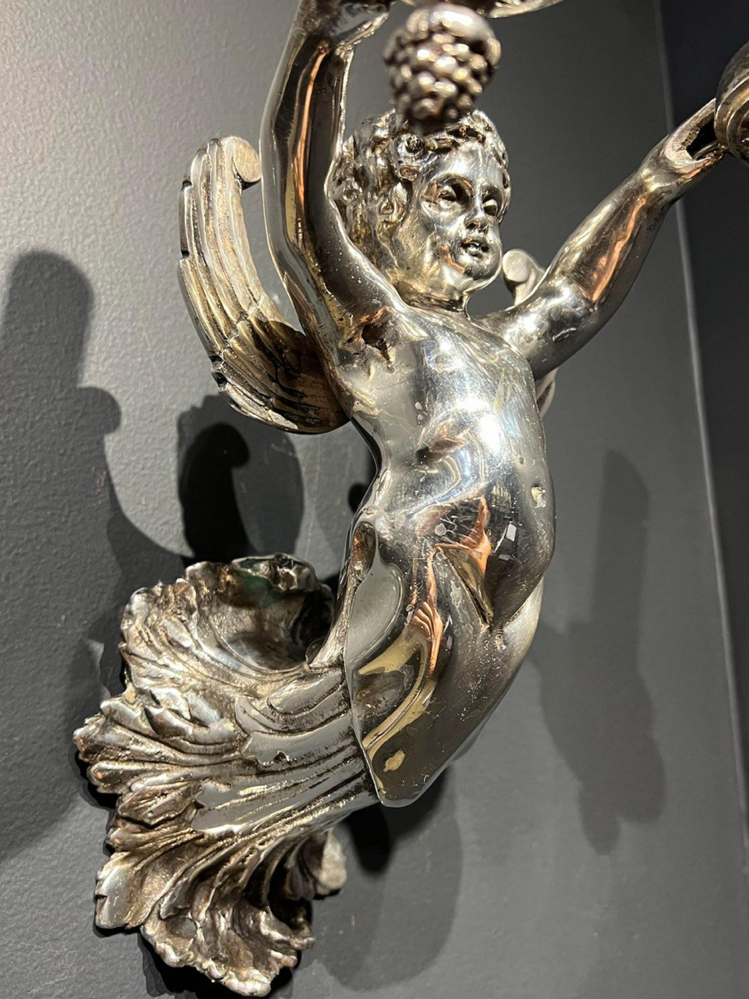 1920's English Silver Plated Cherub Sconces with 2 Lights In Good Condition For Sale In New York, NY