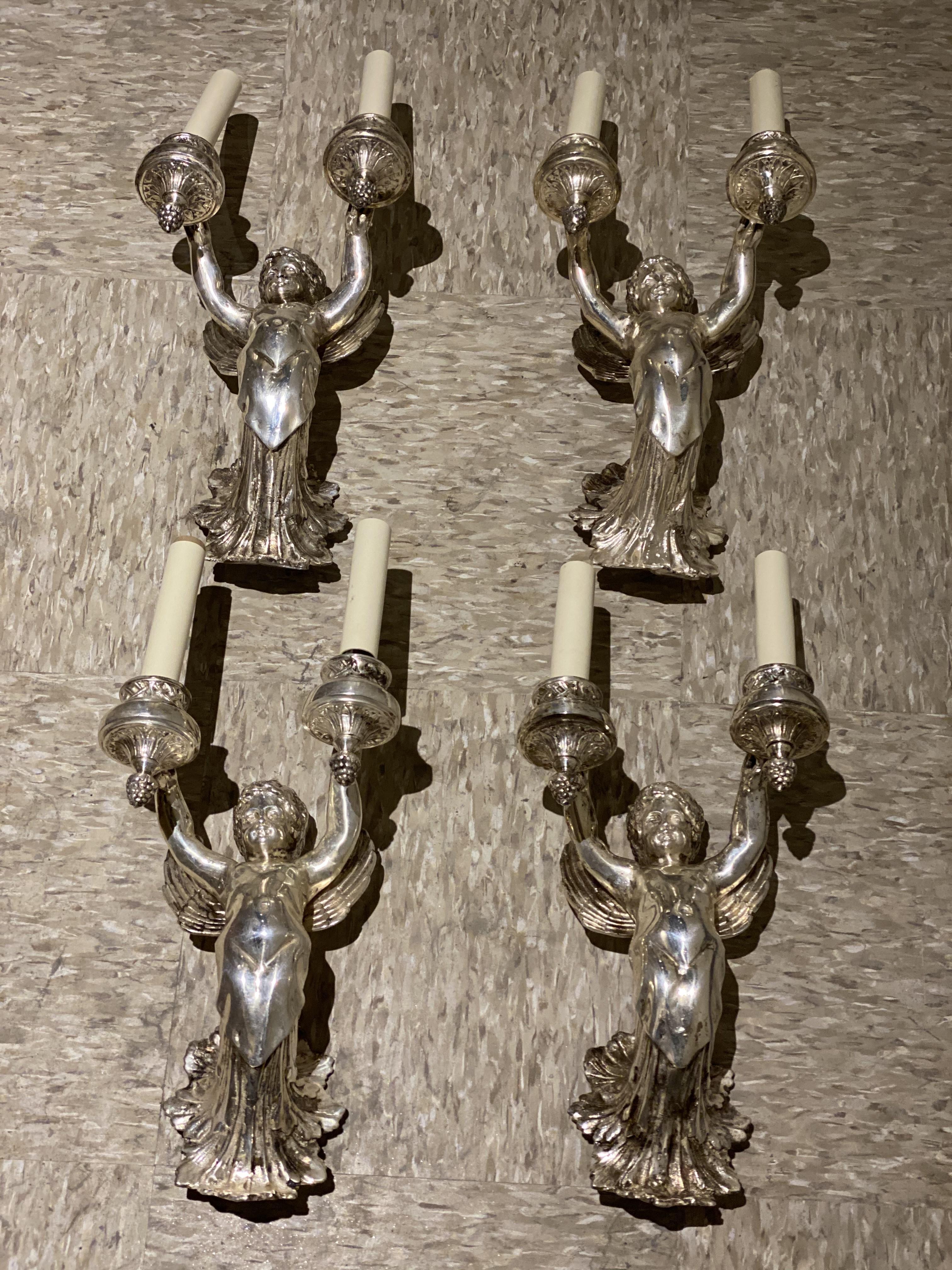 Early 20th Century 1920's English Silver Plated Cherub Sconces with 2 Lights For Sale