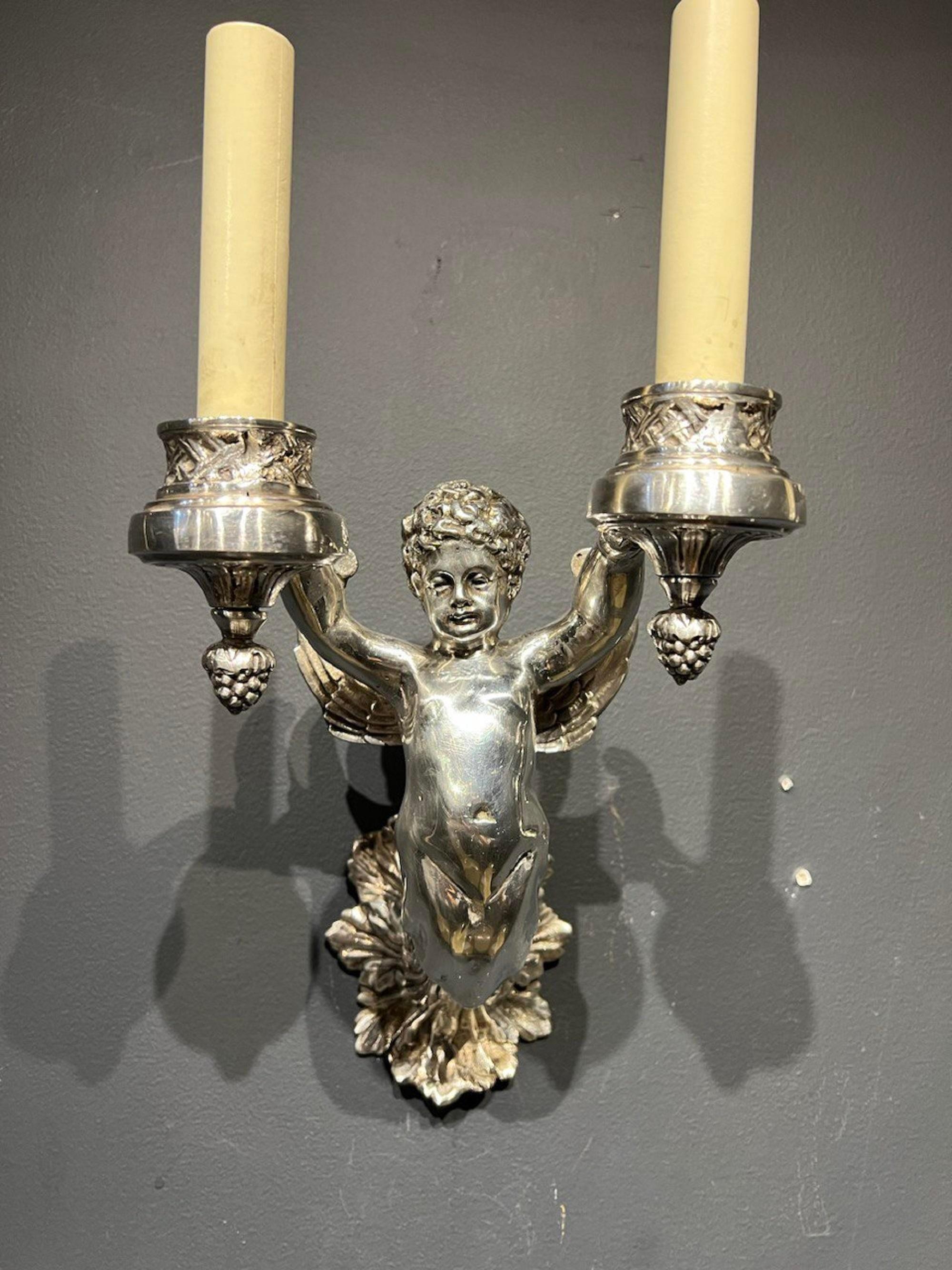 Bronze 1920's English Silver Plated Cherub Sconces with 2 Lights For Sale