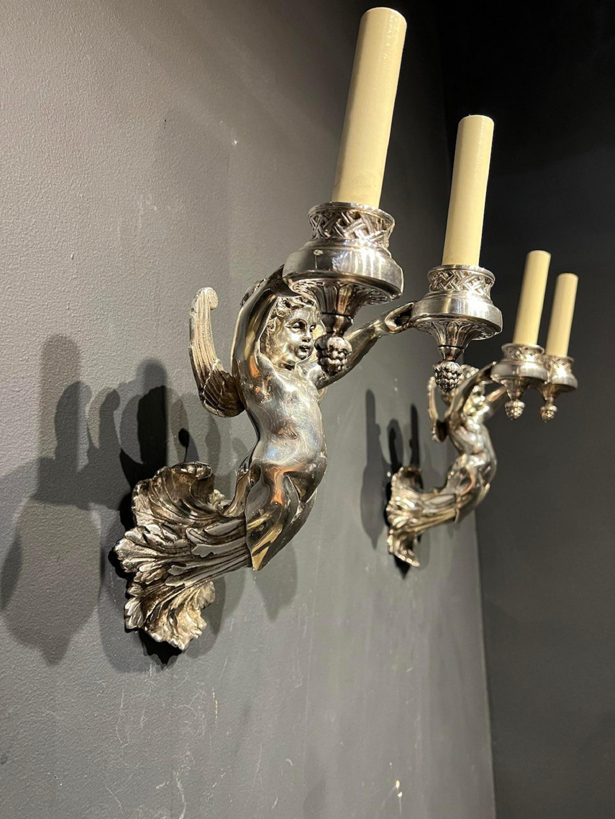 1920's English Silver Plated Cherub Sconces with 2 Lights For Sale 1