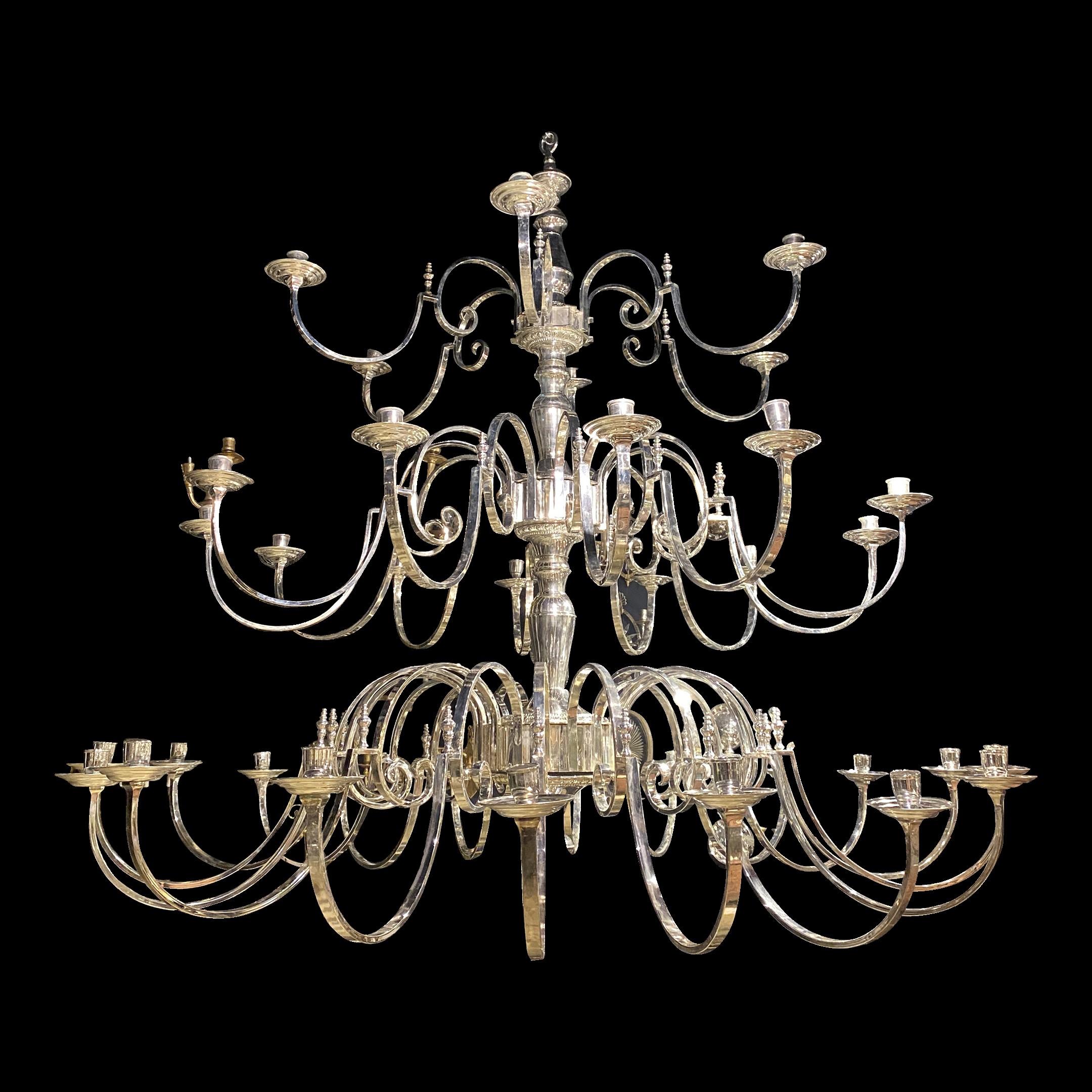 Circa 1920's silver plated bronze chandelier with 36 lights. Beautiful large chandelier in very good condition. Available two cahndelier as a pair  
