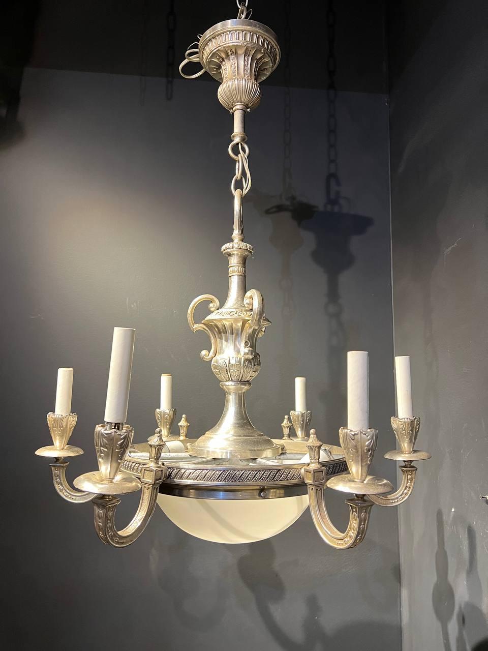Adam Style 1920's Silver Plated Light Fixture with Opaline Glass For Sale