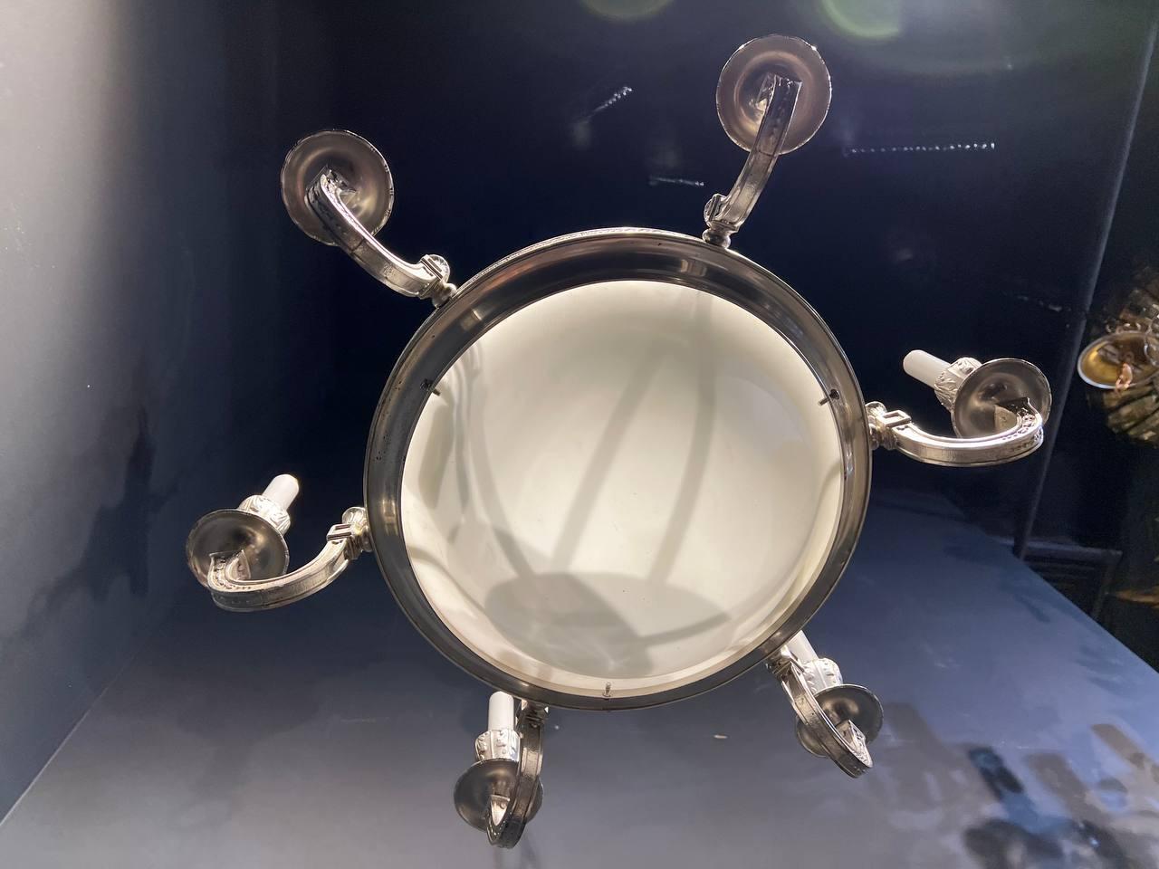 1920's Silver Plated Light Fixture with Opaline Glass In Good Condition For Sale In New York, NY