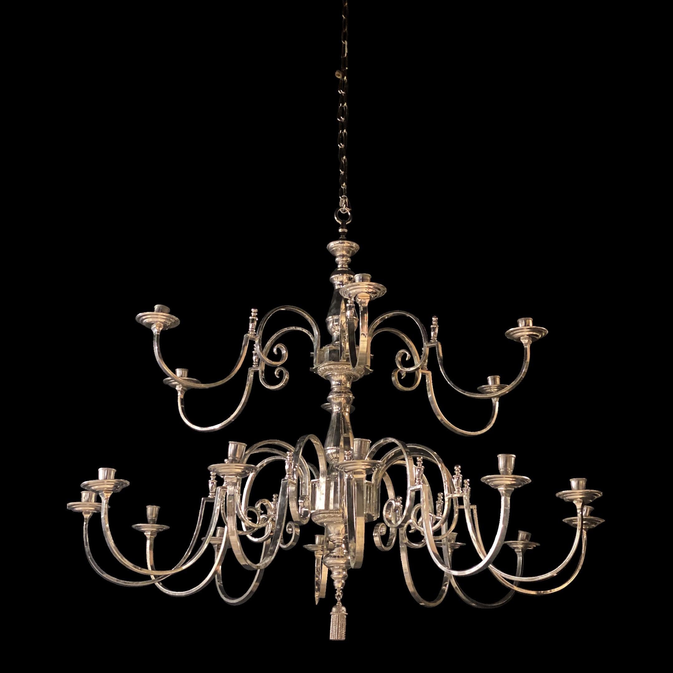 Silvered 1930's English Silver Plated Chandelier with 18 lights For Sale