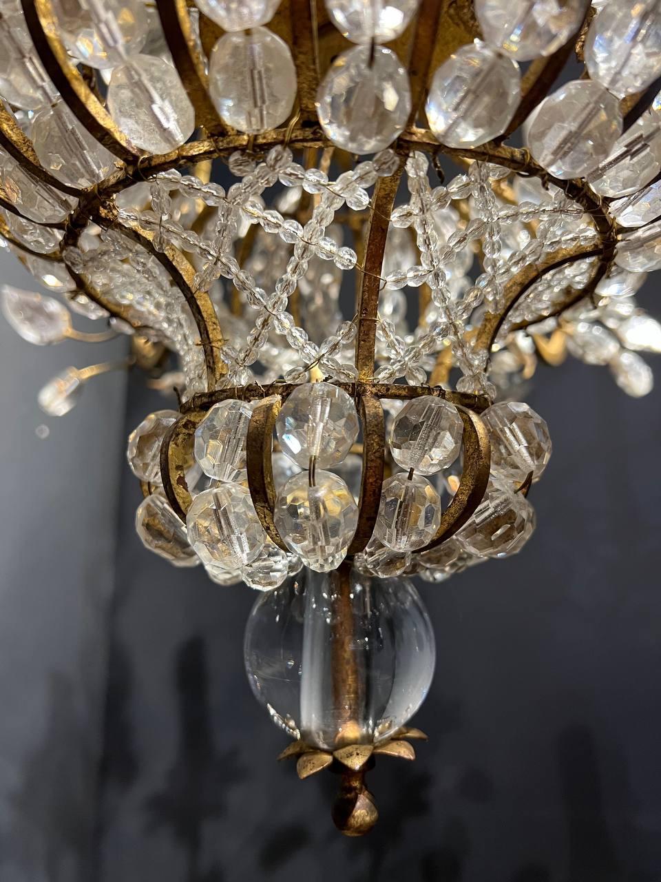 Gilt 1930's French Bagues Beaded Glass Chandelier with 9 Lights For Sale