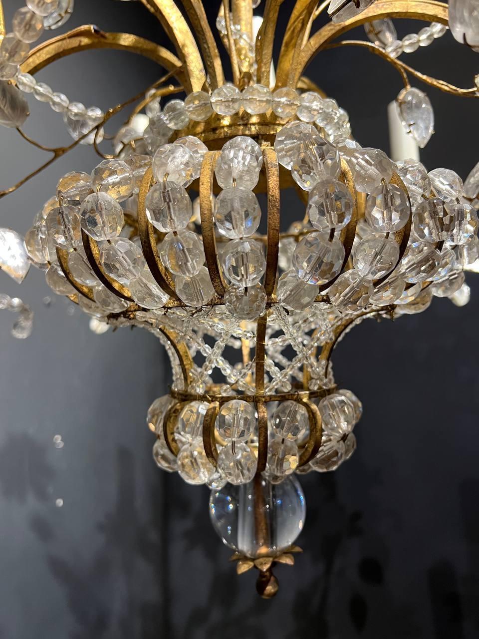 Doré Lustre à 9 Lights en verre perlé des Bagues françaises des années 30 en vente