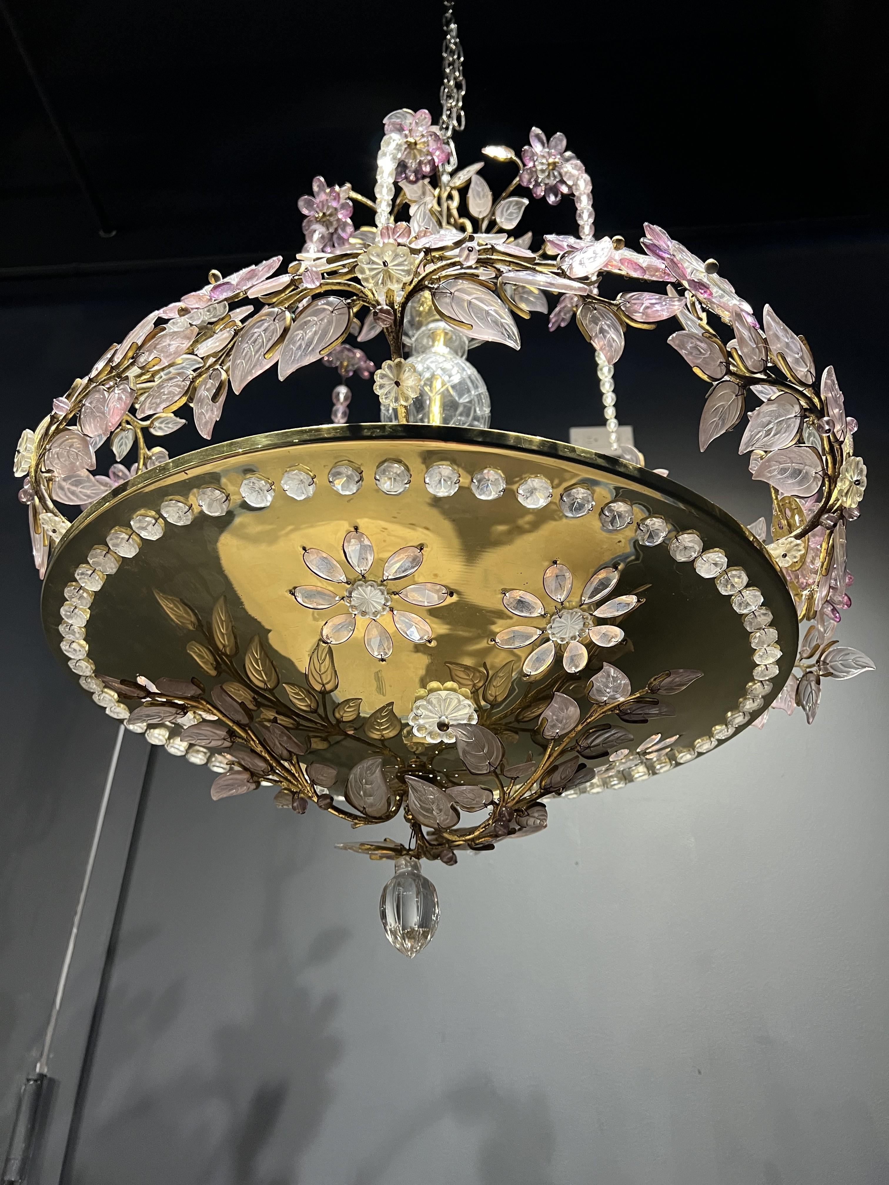 French Provincial 1930's French Bagues Light Fixture with White and Amethyst glass  For Sale