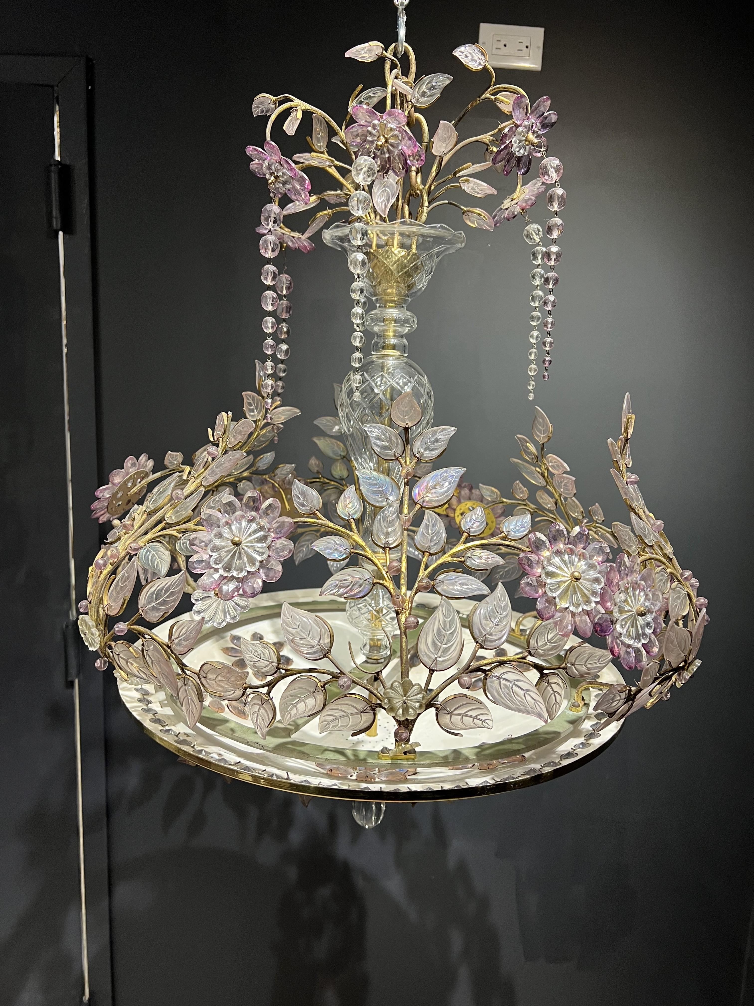 1930's French Bagues Light Fixture with White and Amethyst glass  In Good Condition For Sale In New York, NY