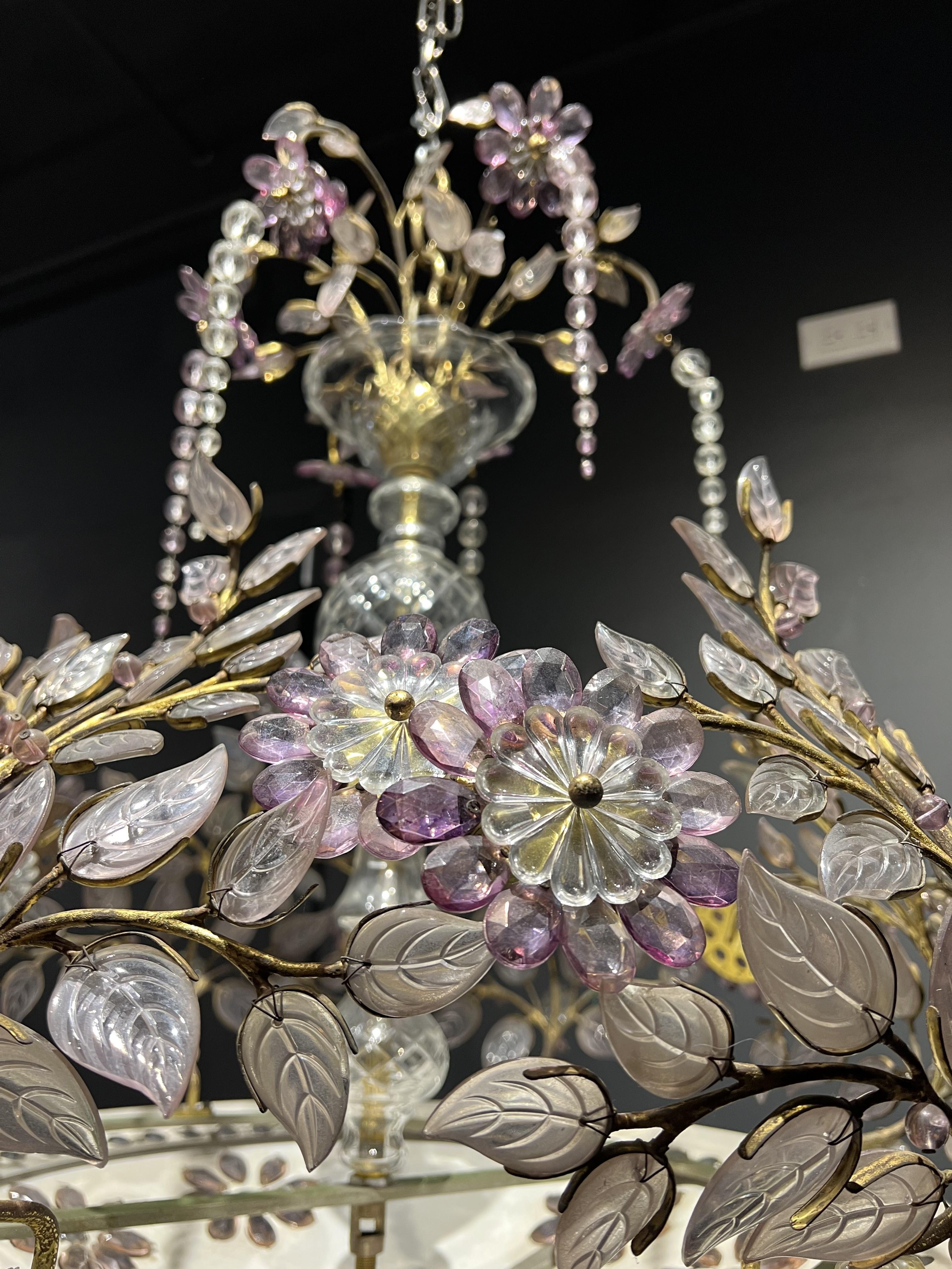 Mid-20th Century 1930's French Bagues Light Fixture with White and Amethyst glass  For Sale