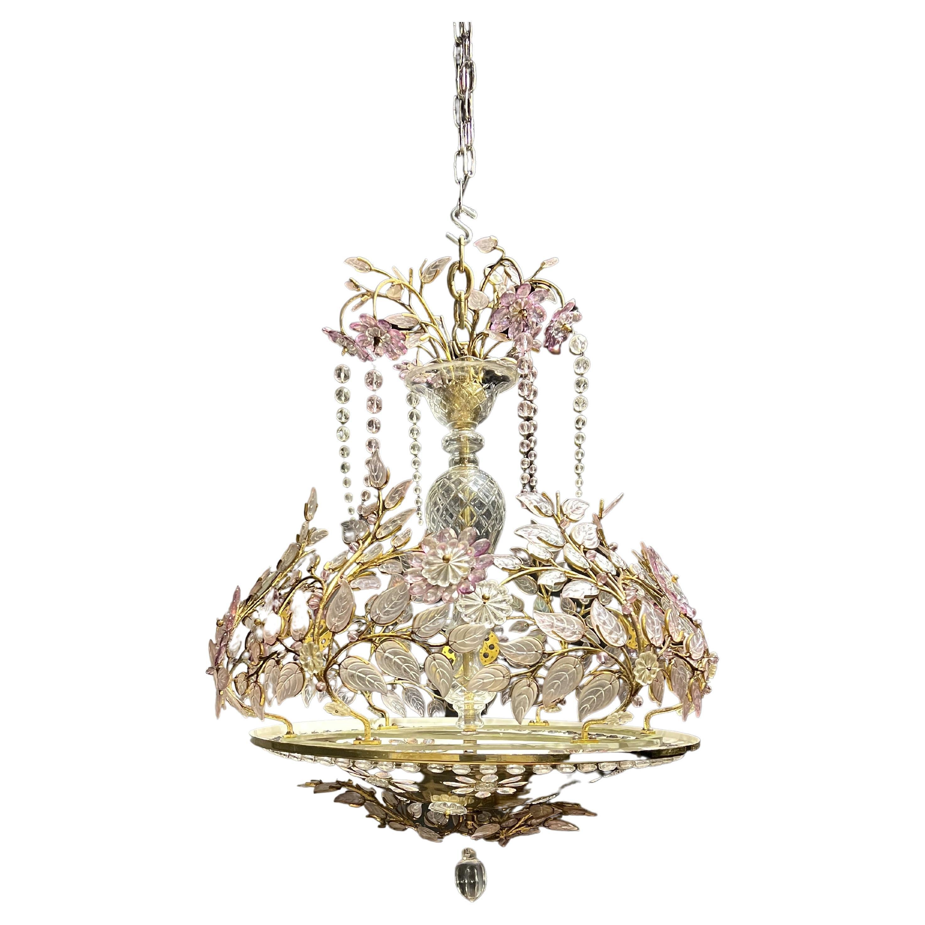 1930's French Bagues Light Fixture with White and Amethyst glass 