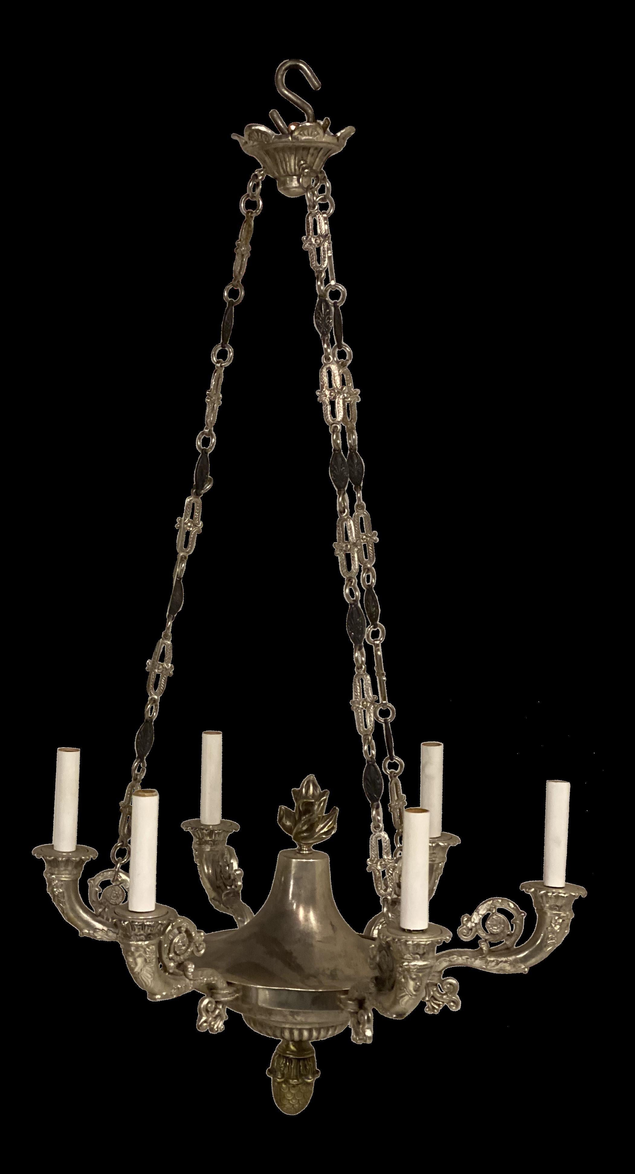 A circa 1930's French silver plated finish empire style chandelier with 6 lights