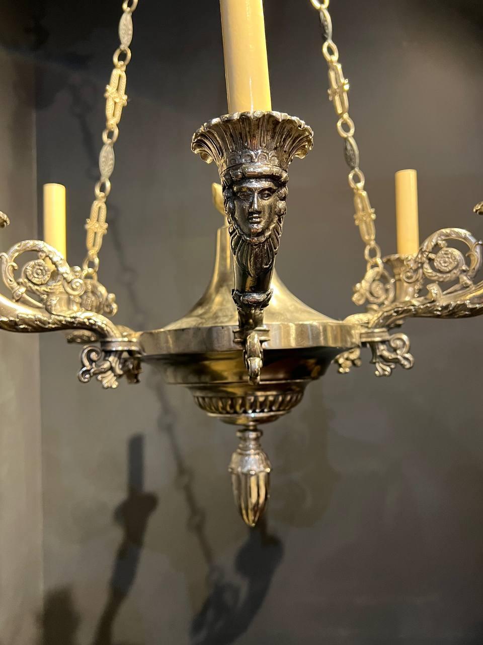 Mid-20th Century 1930's French Empire Silver Plated Chandelier with 6 lights For Sale
