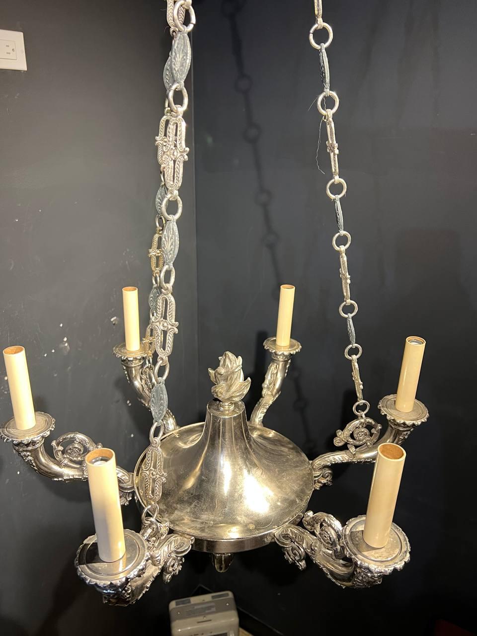 1930's French Empire Silver Plated Chandelier with 6 lights For Sale 1