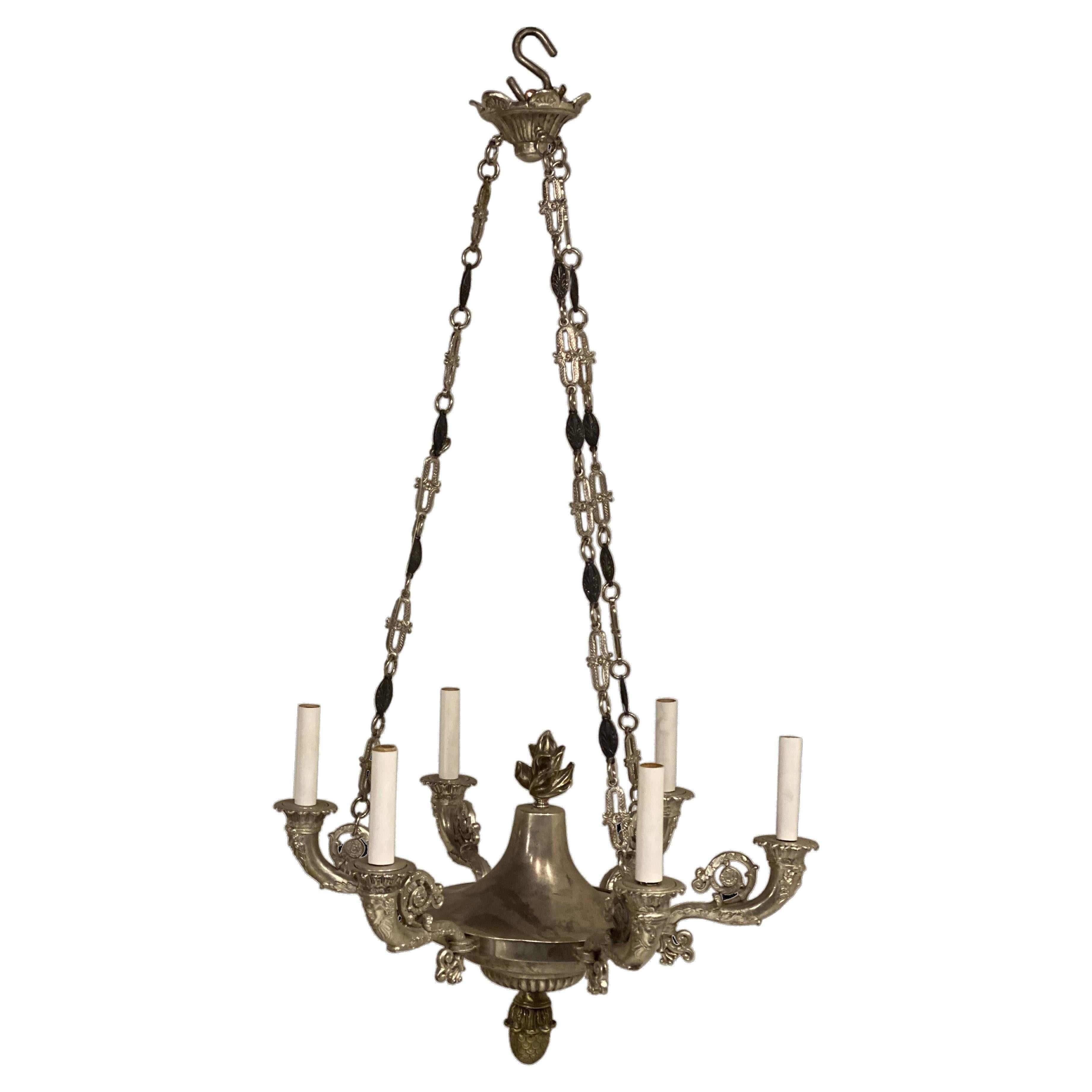 1930's French Empire Silver Plated Chandelier with 6 lights For Sale