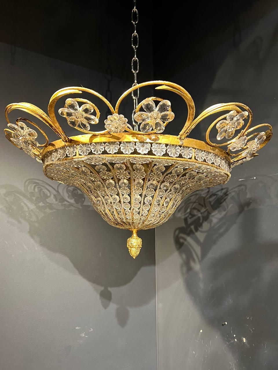 Gilt 1930's French Bagues Light Fixture with Crystals For Sale