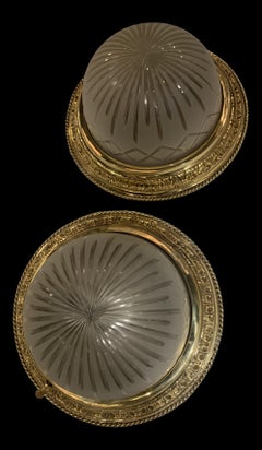 1930's French Gilt Bronze Flush Mounted with Etched Glass