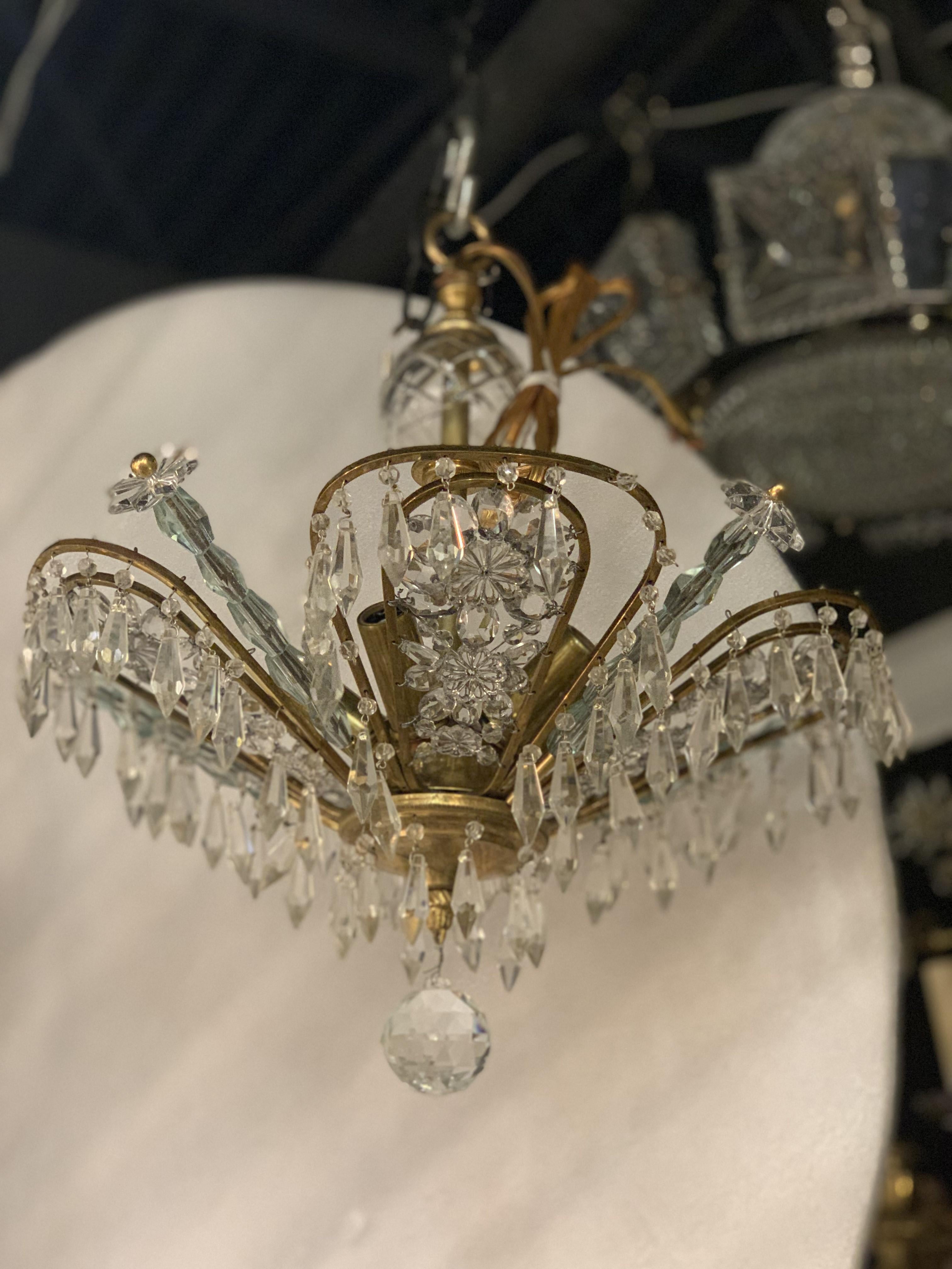 A circa 1930's French light fixtures with flowers crystals inset, and 4 interior lights probably Bagues, from Hotel in Paris. (4 available)