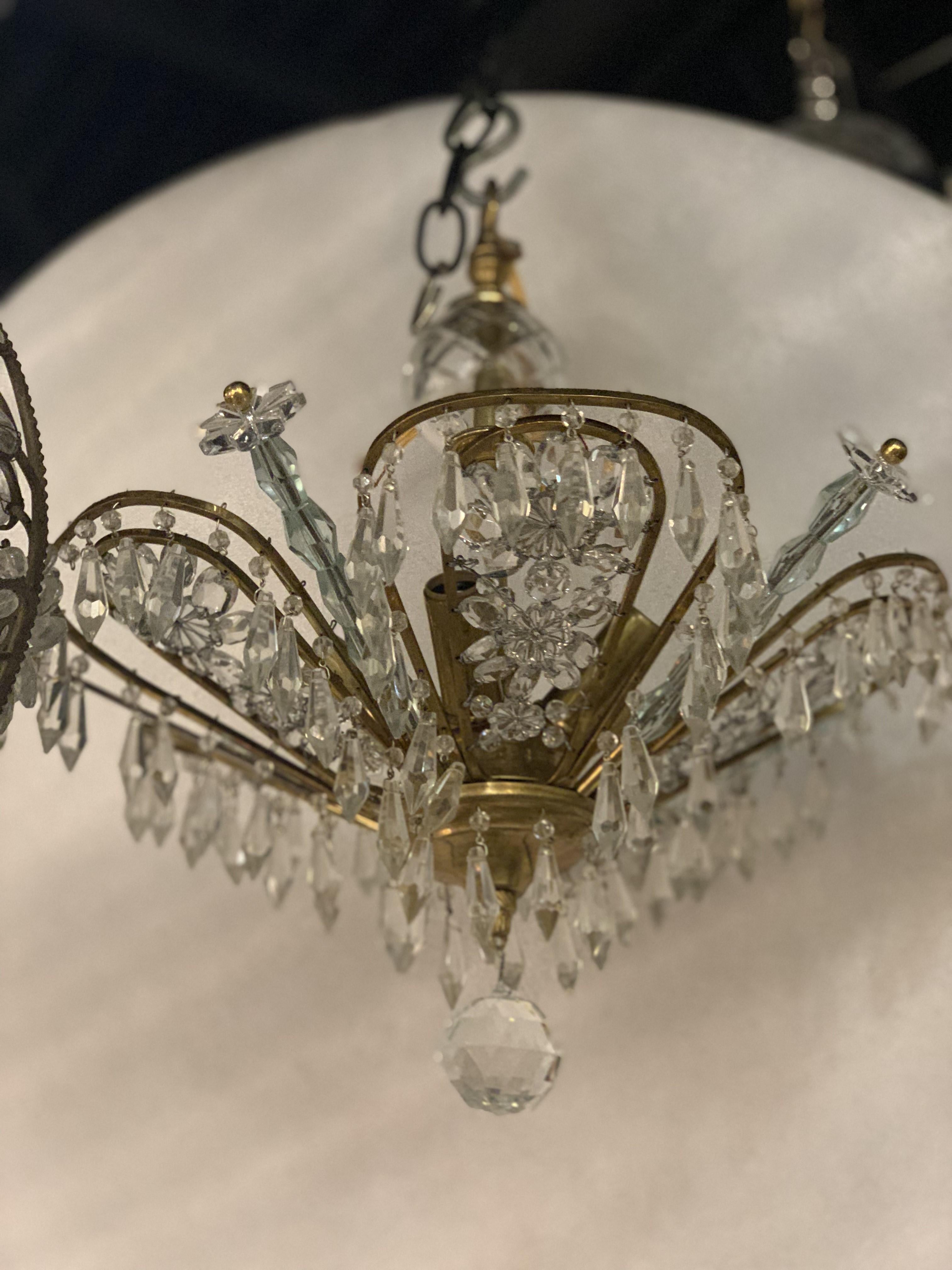 1930's Small French Gilt Bronze Light Fixture with Crystals In Good Condition For Sale In New York, NY