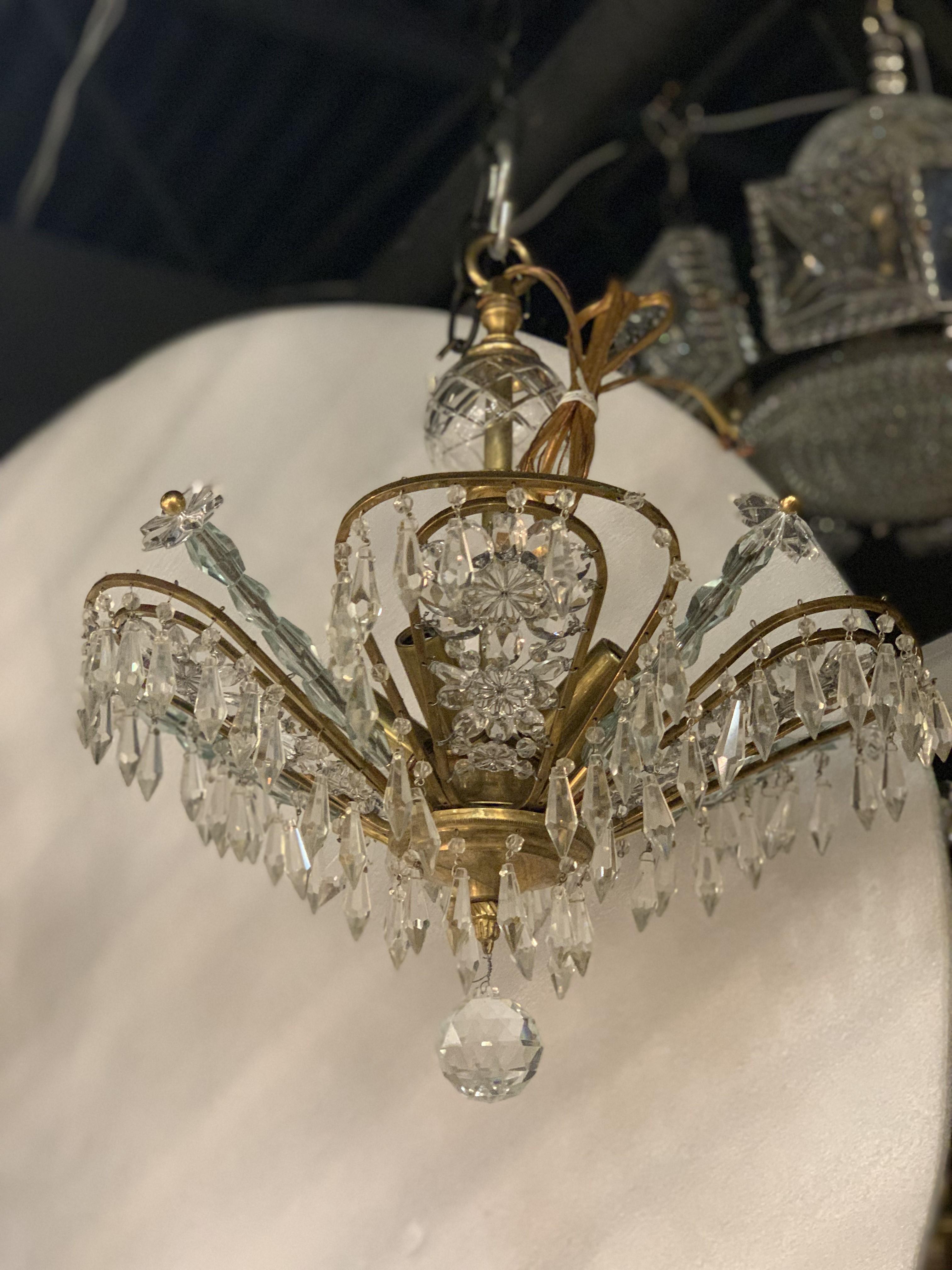 1930's Small French Gilt Bronze Light Fixture with Crystals For Sale 1