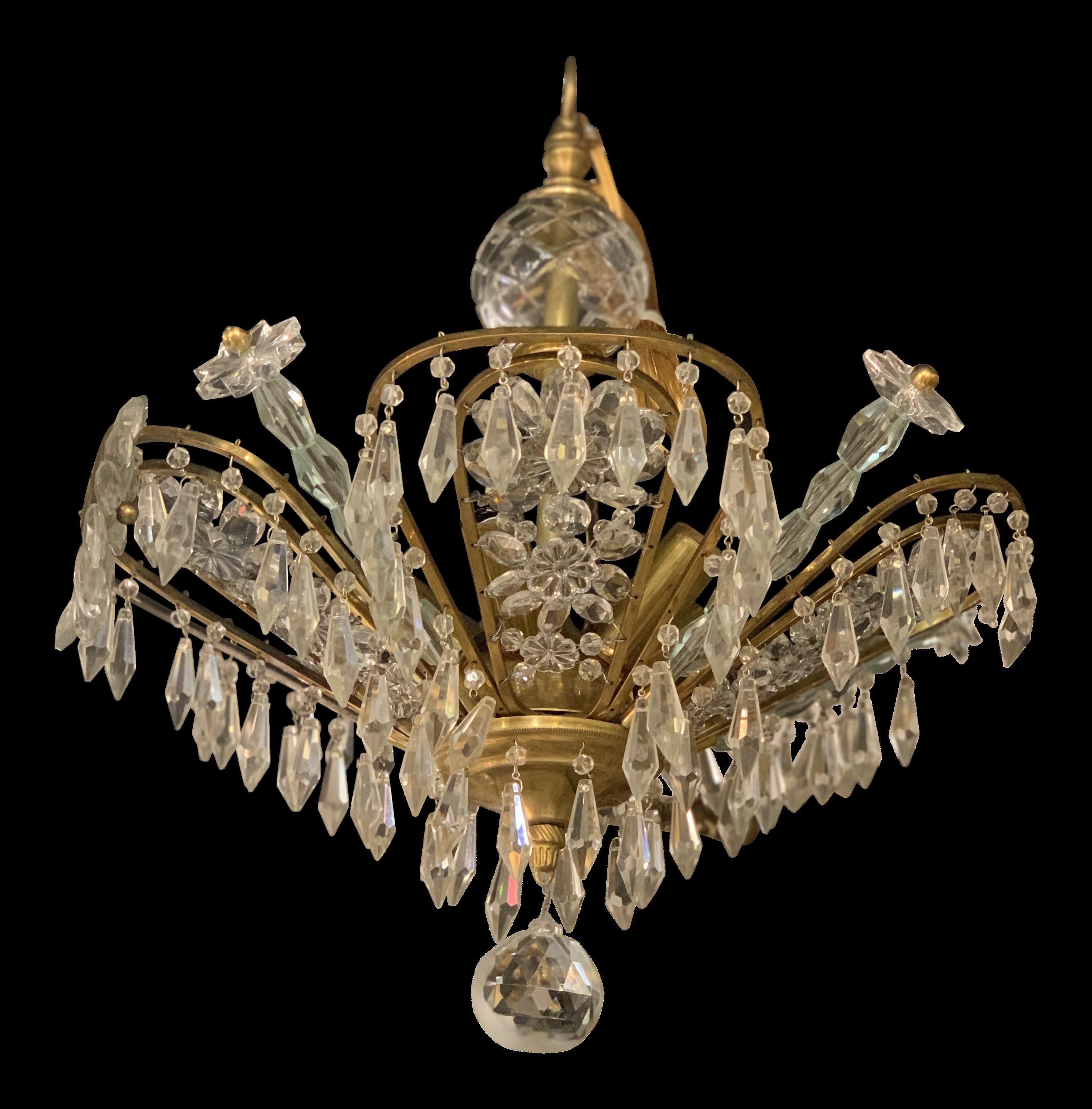 1930's Small French Gilt Bronze Light Fixture with Crystals For Sale 2