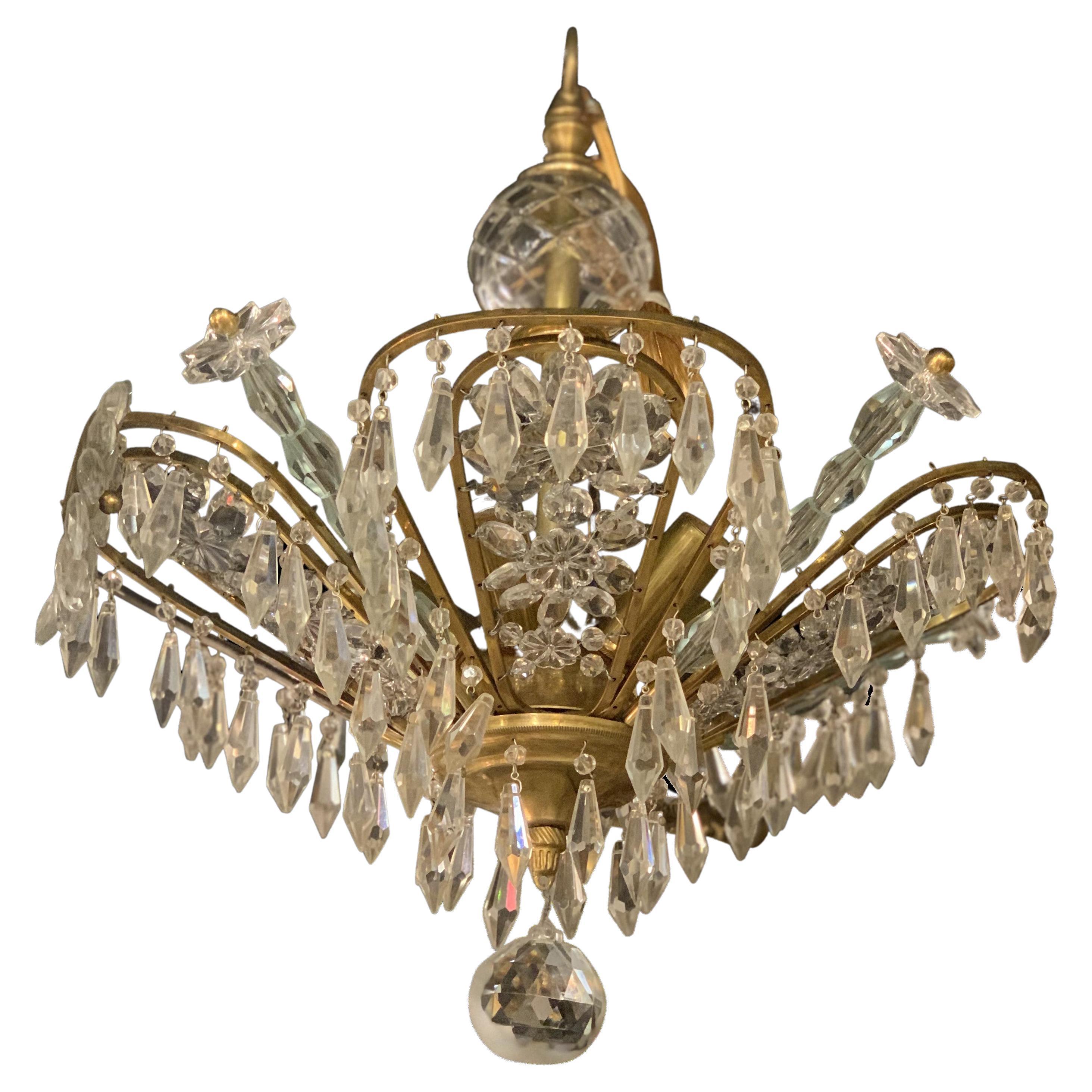 1930's Small French Gilt Bronze Light Fixture with Crystals For Sale