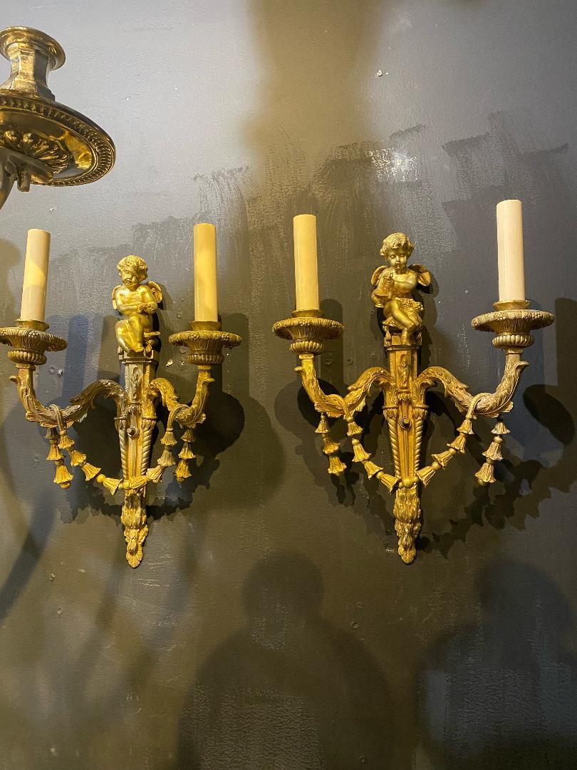 1930's French Gilt Bronze Sconces with Cherubs For Sale 1
