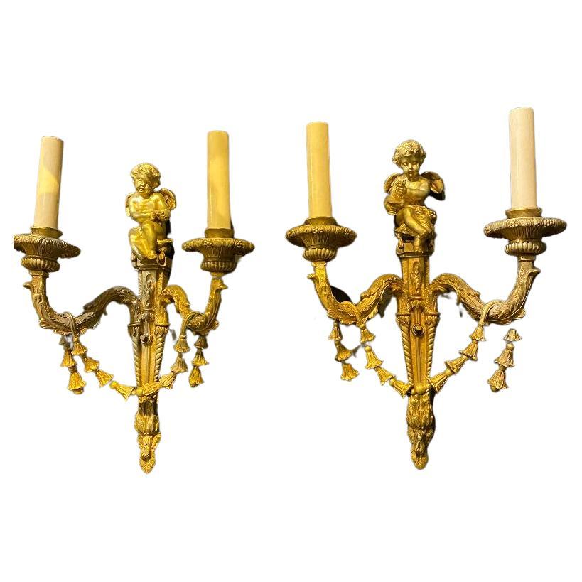 1930's French Gilt Bronze Sconces with Cherubs For Sale
