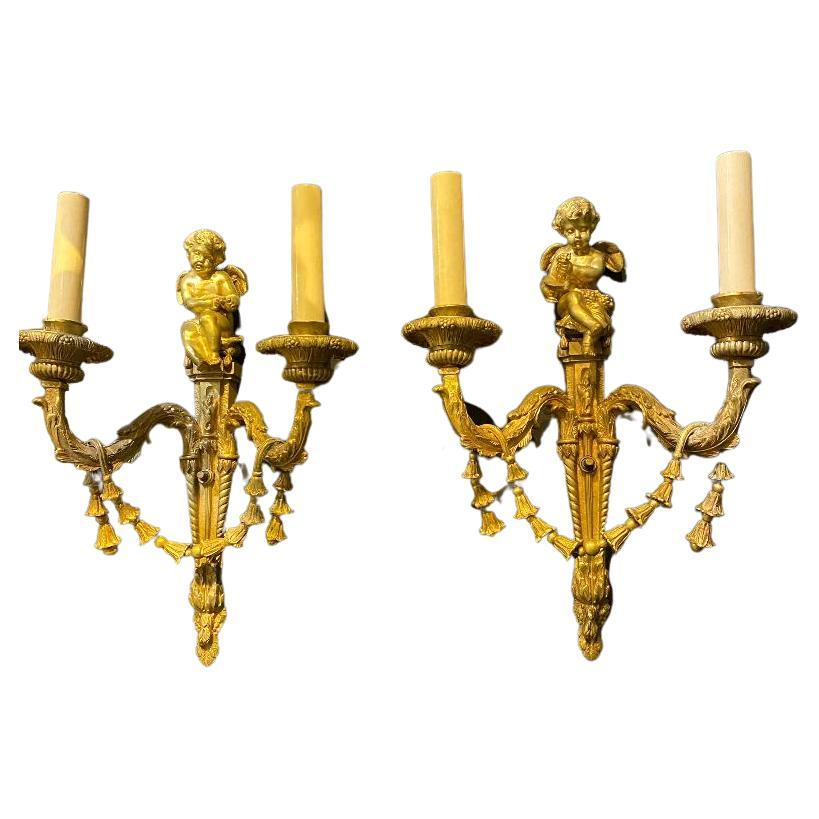 1930's French Gilt Bronze Sconces with Cherubs