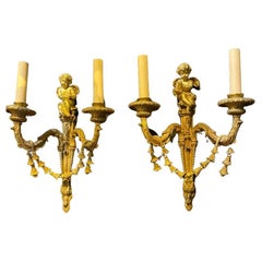 1930's French Gilt Bronze Sconces with Cherubs