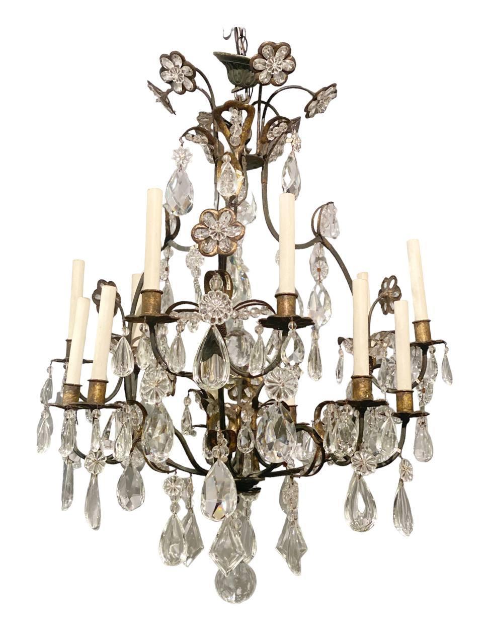 A circa 1930's French gilt metal with crystal flowers and hangings chandelier, 12 lights