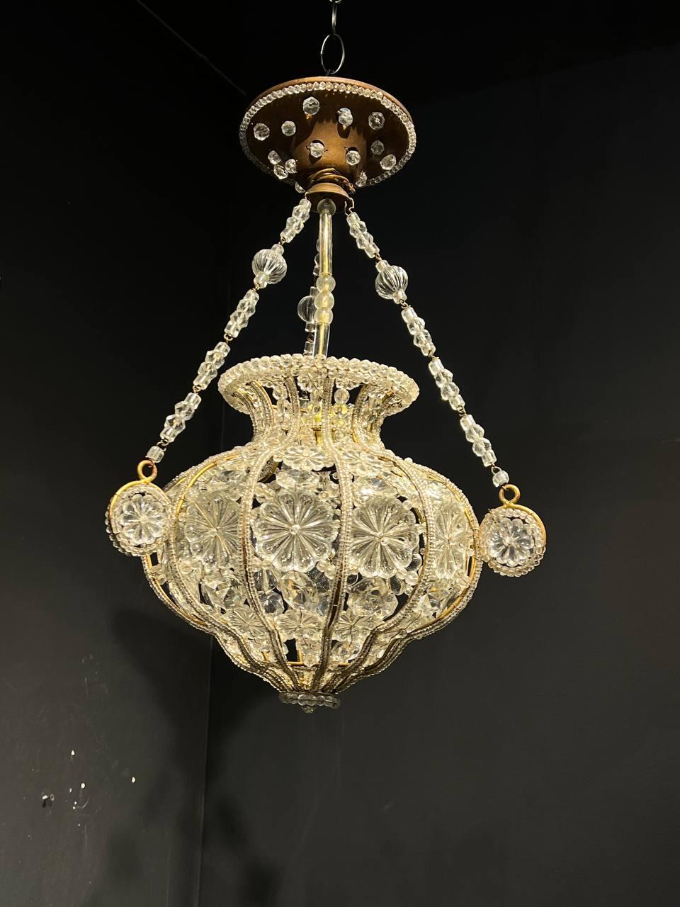 A circa 1930's French Bagues gilt metal and glass flowers light fixture with interior light 