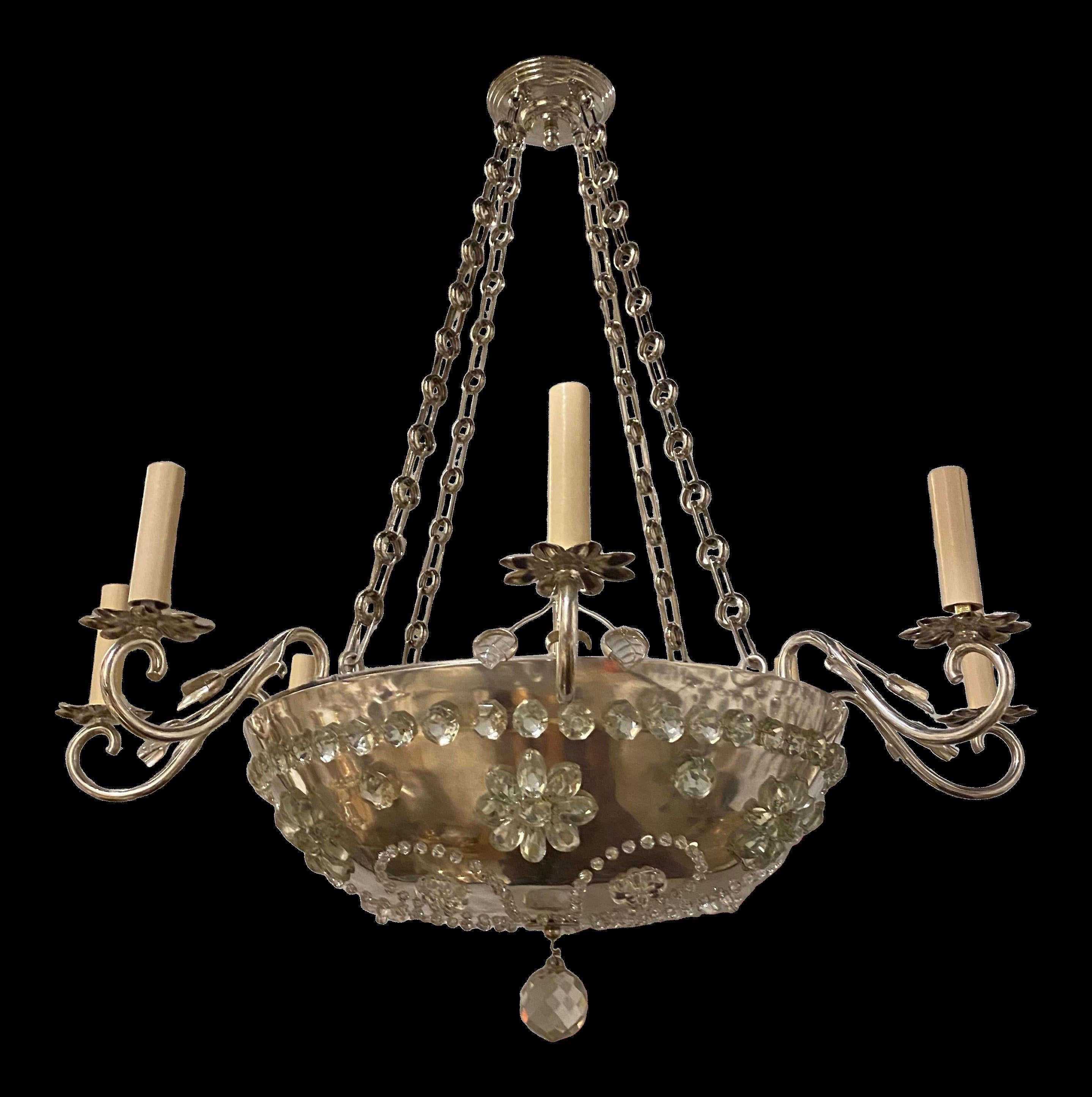 A circa 1930's French silver plated chandelier with flower crystals inset. (Pair available)