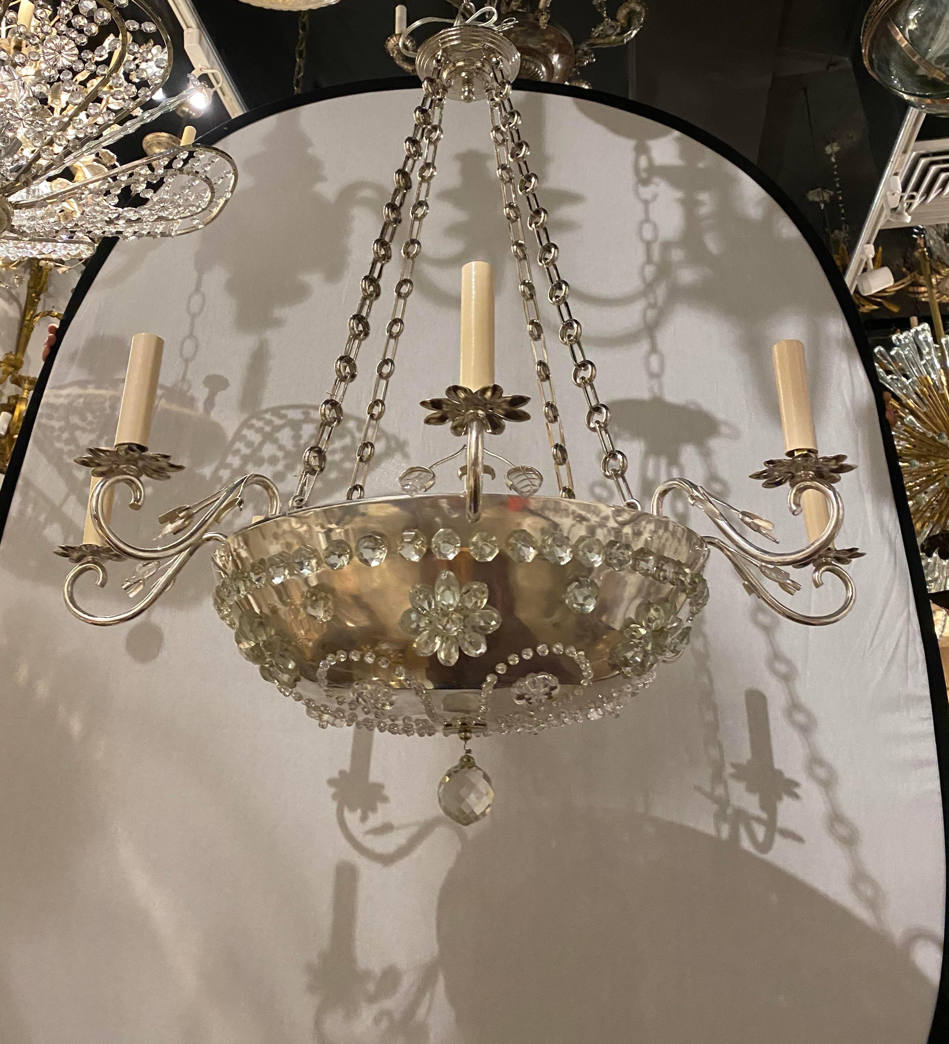 French Provincial 1930's French Silver Plated Light Fixture with Crystal Flowers For Sale