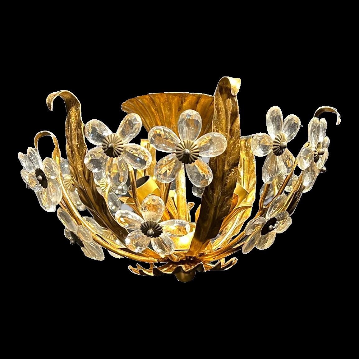 Gilt 1930's French Flush Mount with Crystal Flowers  For Sale