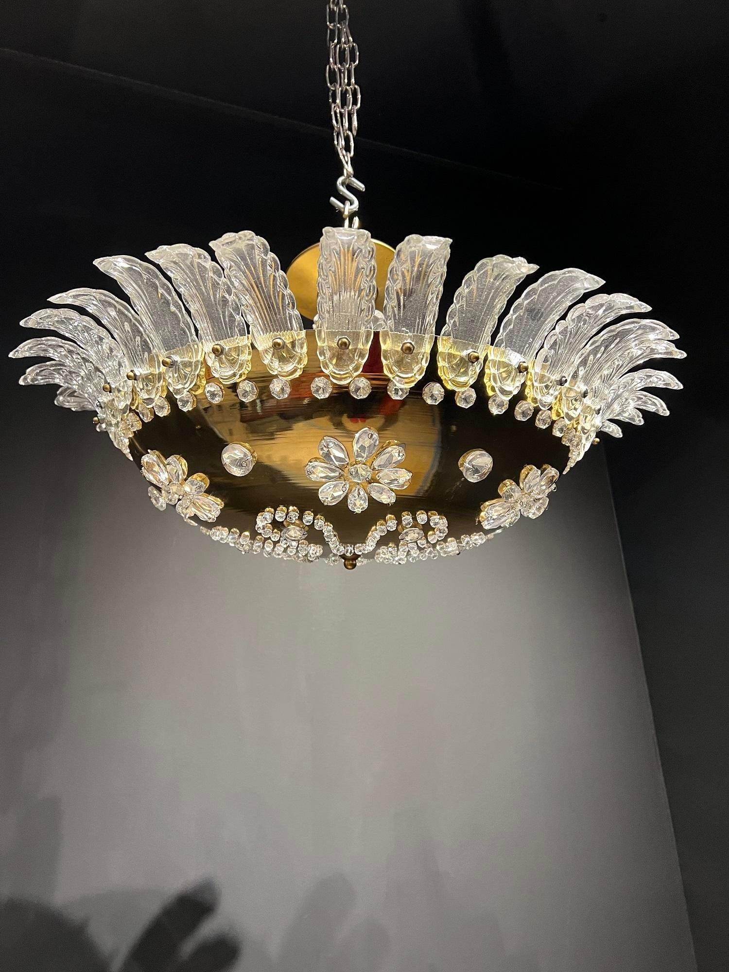 1930's French Gilt Bronze Light Fixture with Crystals  In Good Condition For Sale In New York, NY
