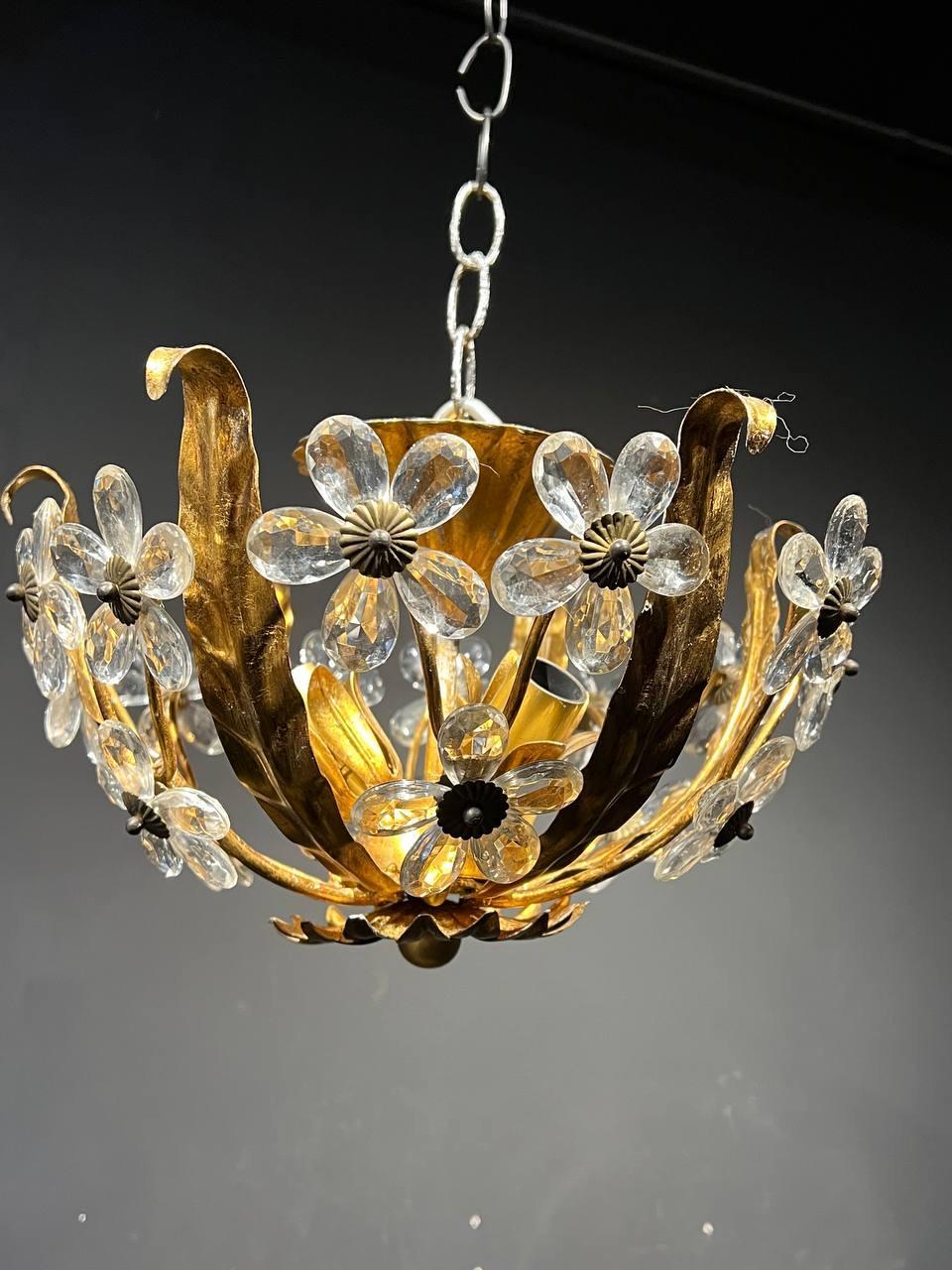 1930's French Flush Mount with Crystal Flowers  In Good Condition For Sale In New York, NY