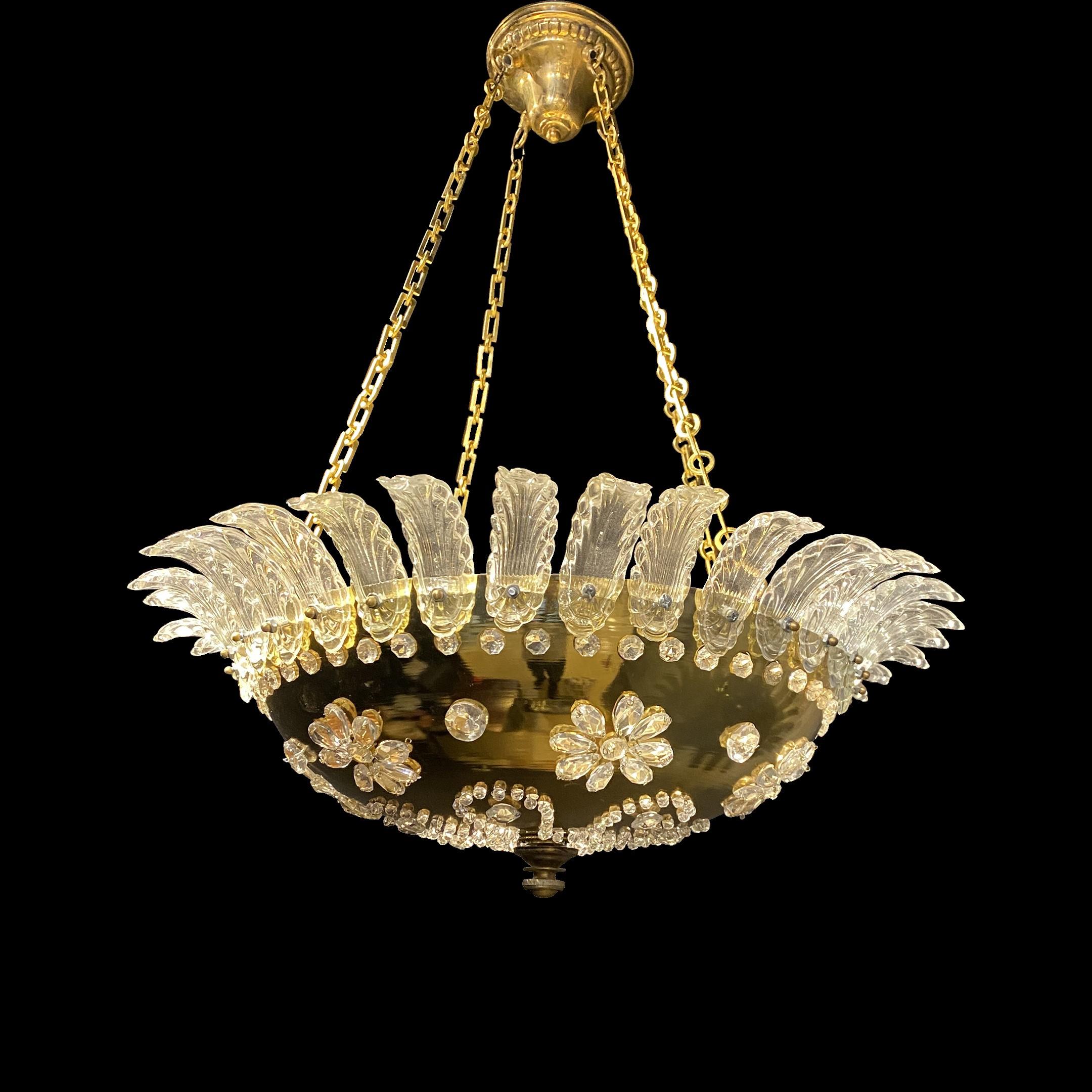 Mid-20th Century 1930's French Gilt Bronze Light Fixture with Crystals  For Sale