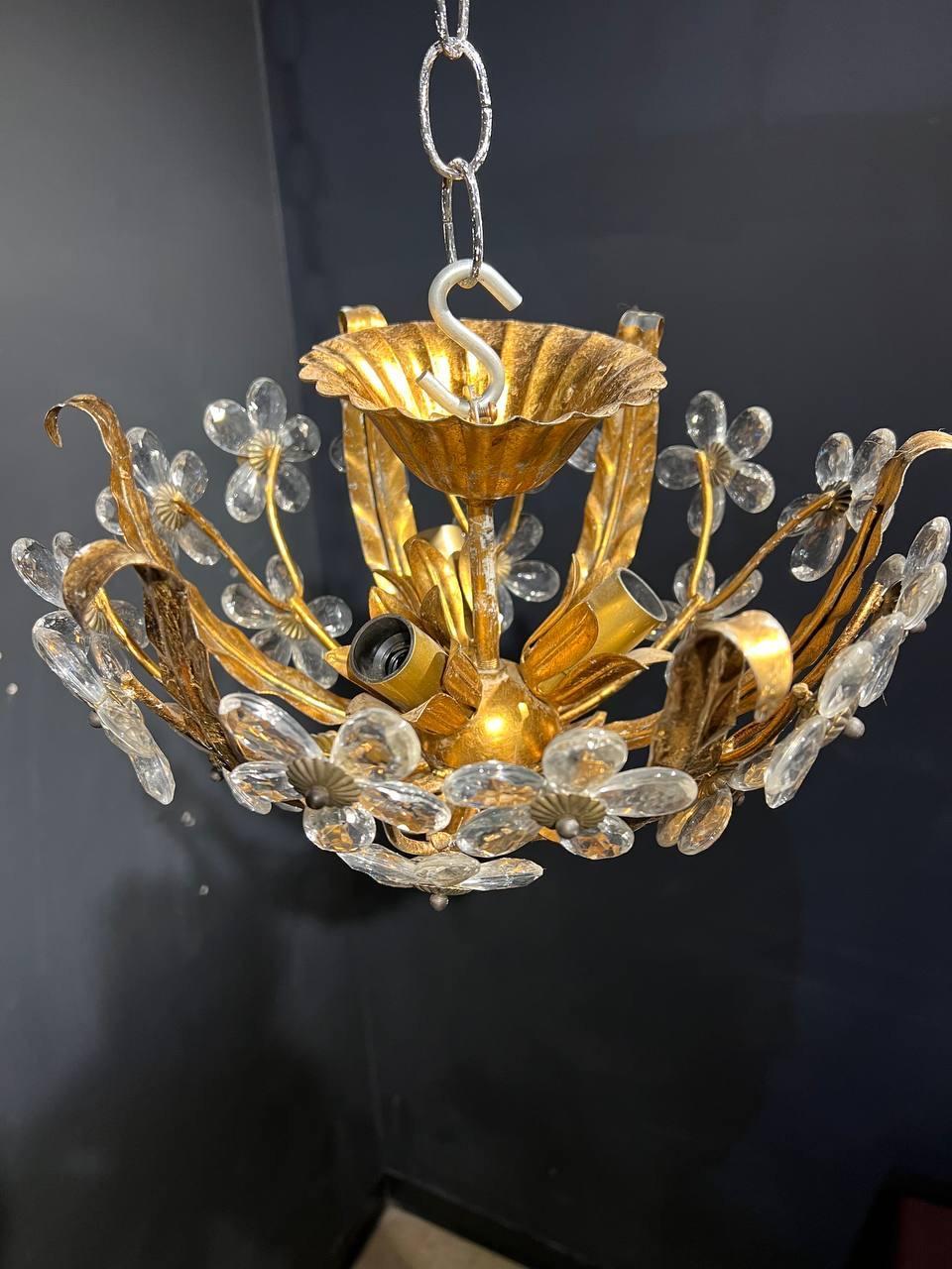 Metal 1930's French Flush Mount with Crystal Flowers  For Sale