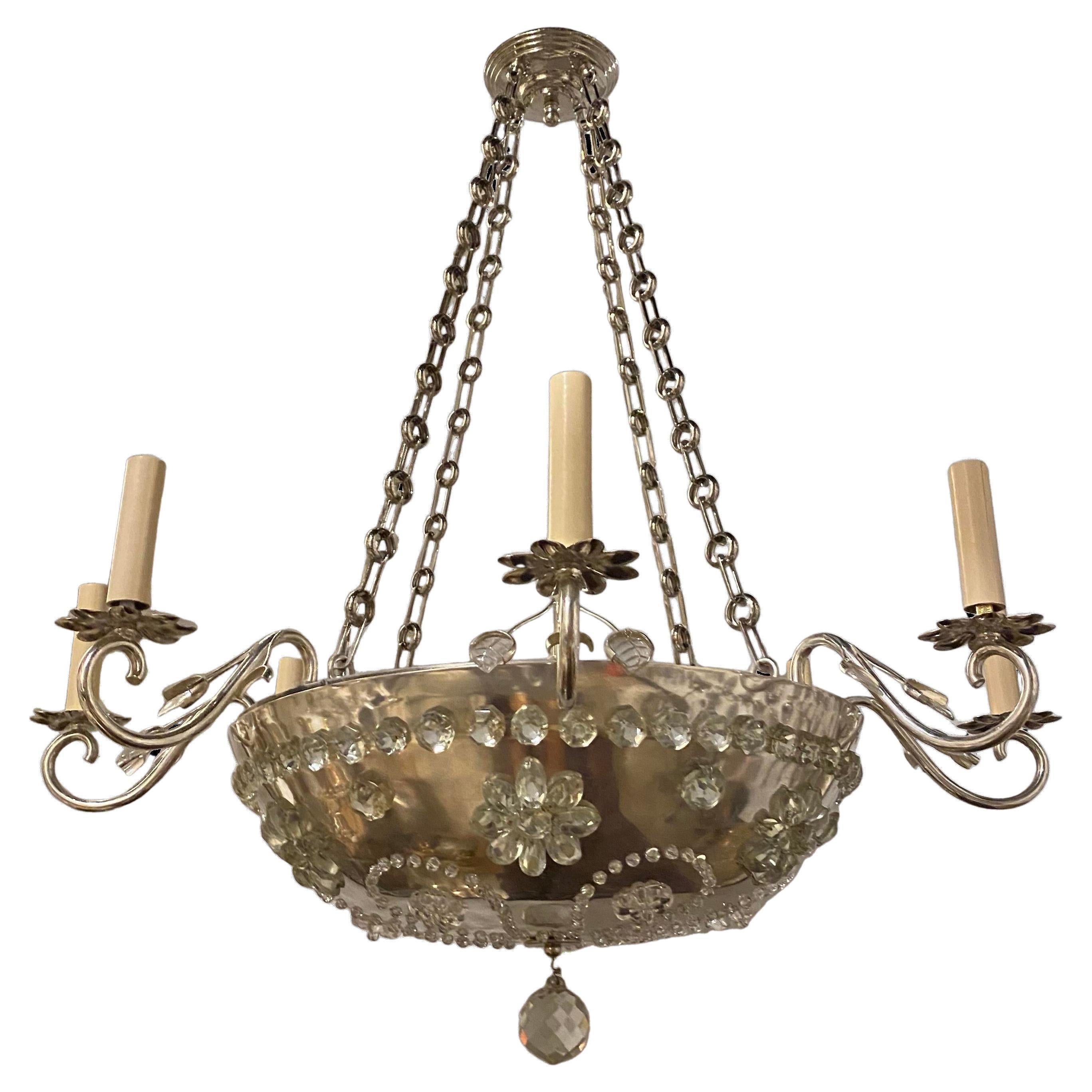 1930's French Silver Plated Light Fixture with Crystal Flowers