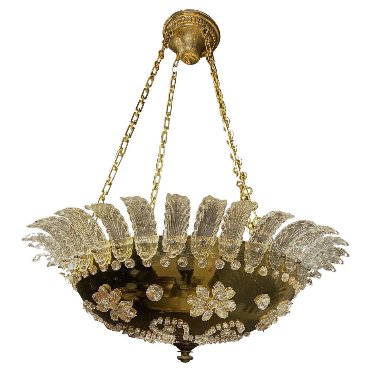 1930's French Gilt Bronze Light Fixture with Crystals  For Sale