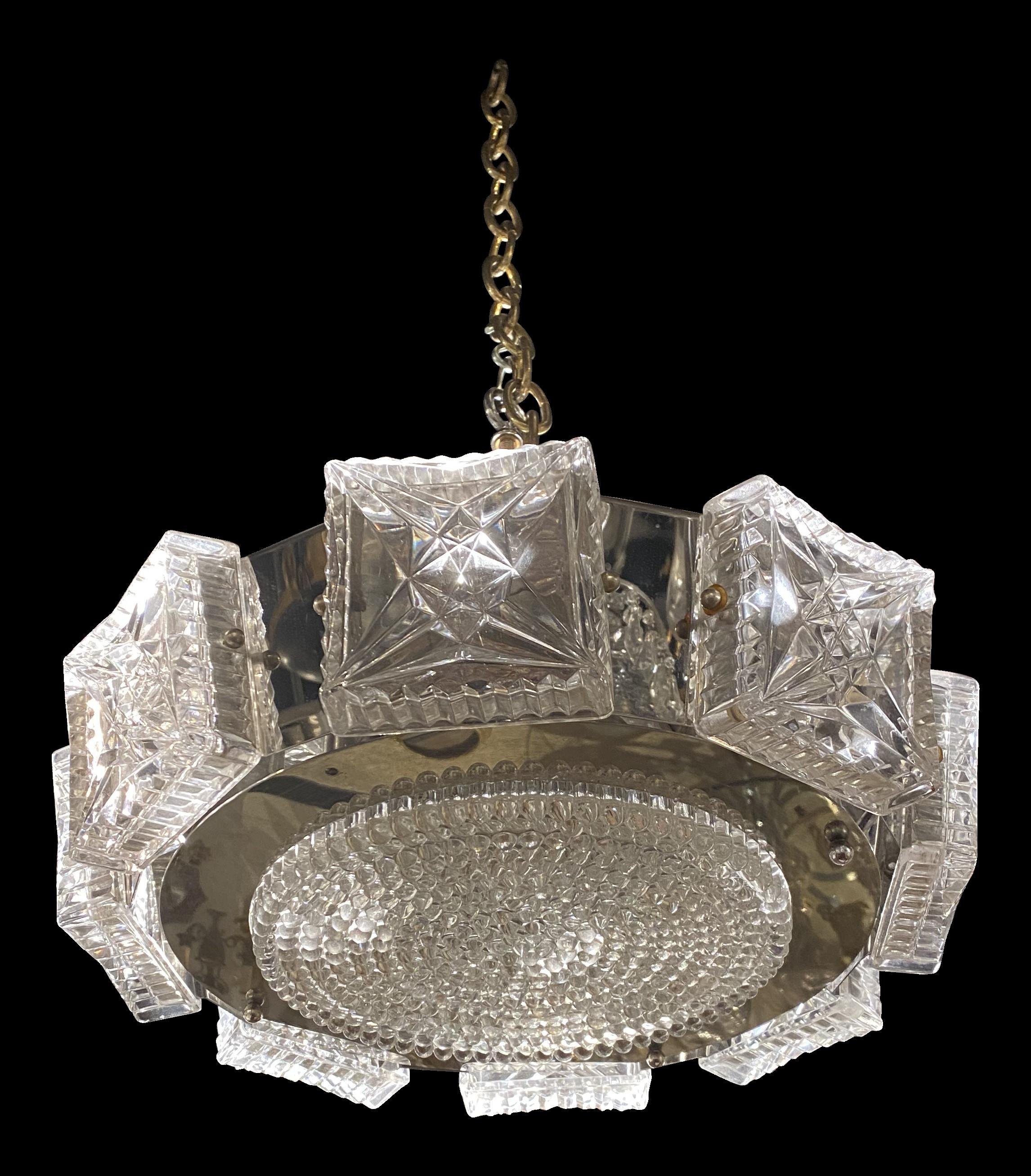 A circa 1930's nickel plated light fixture with 6 interior lights ,and cut crystal body