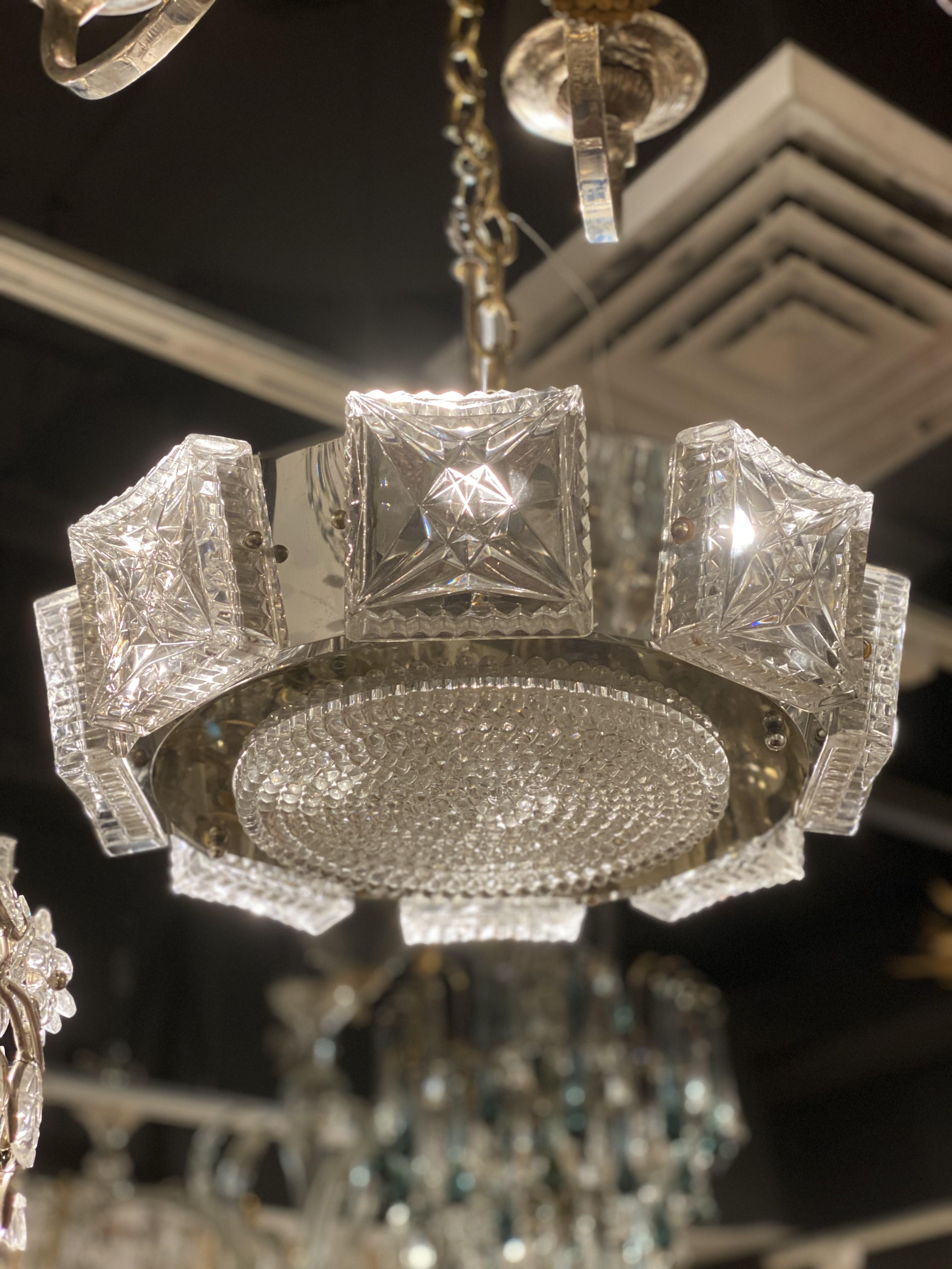 Mid-Century Modern 1930's French Light Fixture with Cut Crystals Panels  For Sale