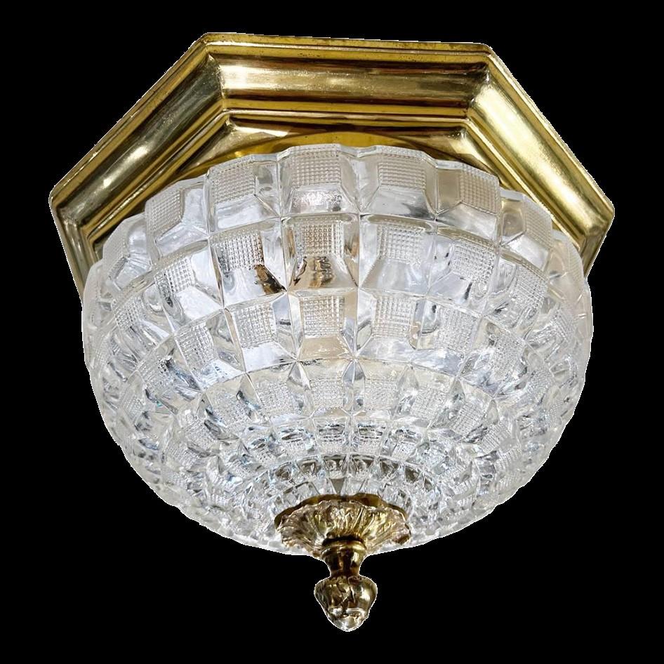 A large set from the Astoria Waldorf Hotel in NYC, circa 1930's French gilt  bronze flush mount light fixtures with molded crystal inset. 2 interior lights.