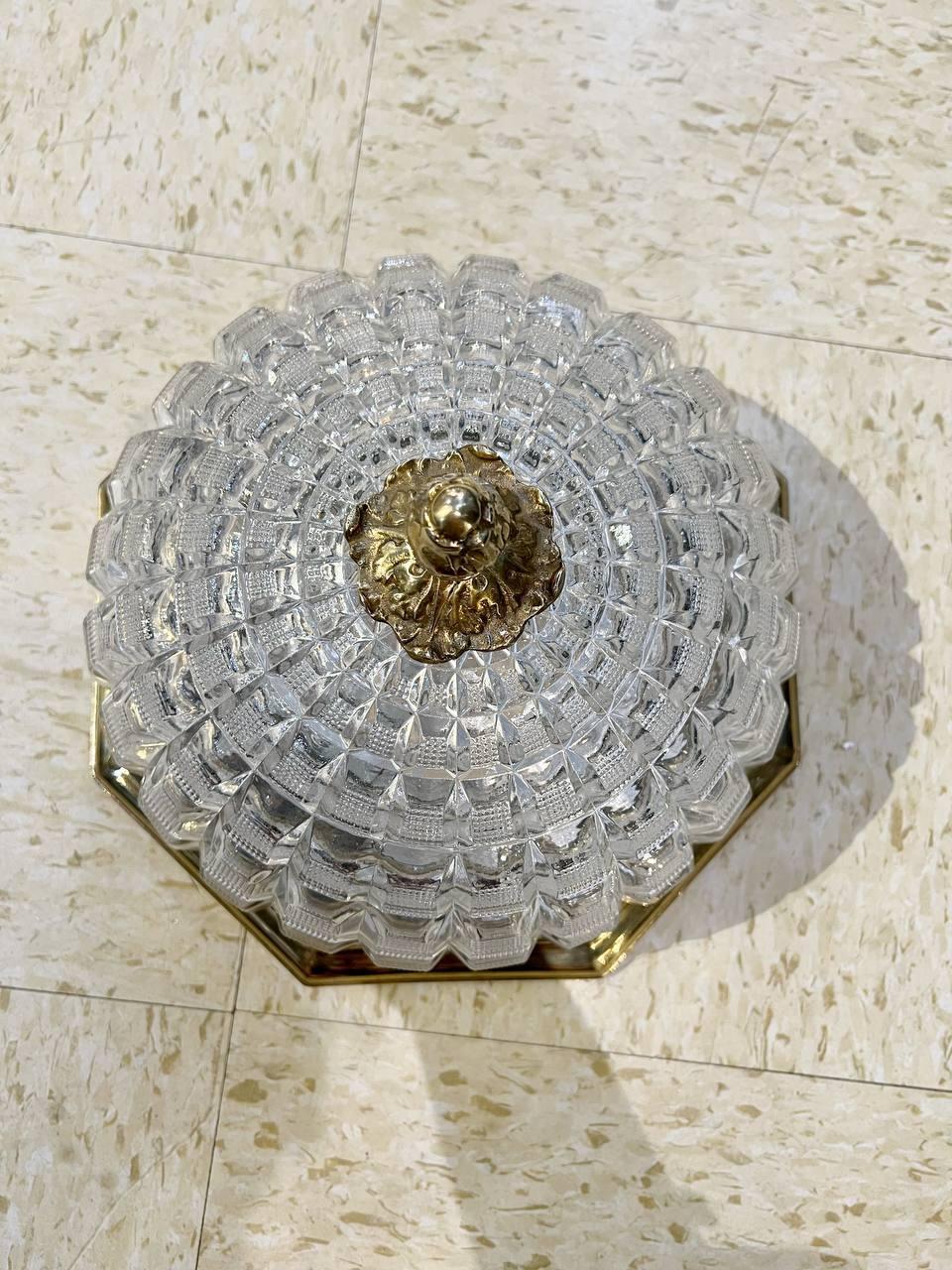 Gilt 1930's French Light Fixture with Molded Cut Crystal Dome For Sale