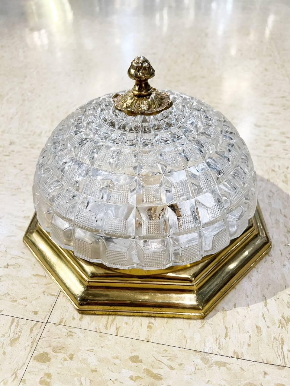 Bronze 1930's French Light Fixture with Molded Cut Crystal Dome For Sale