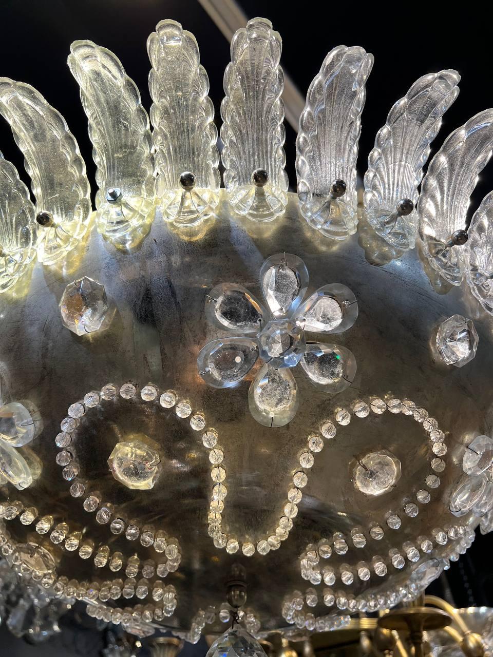Milieu du XXe siècle Luminaire français des années 1930 en métal argenté avec fleurs en cristal  en vente